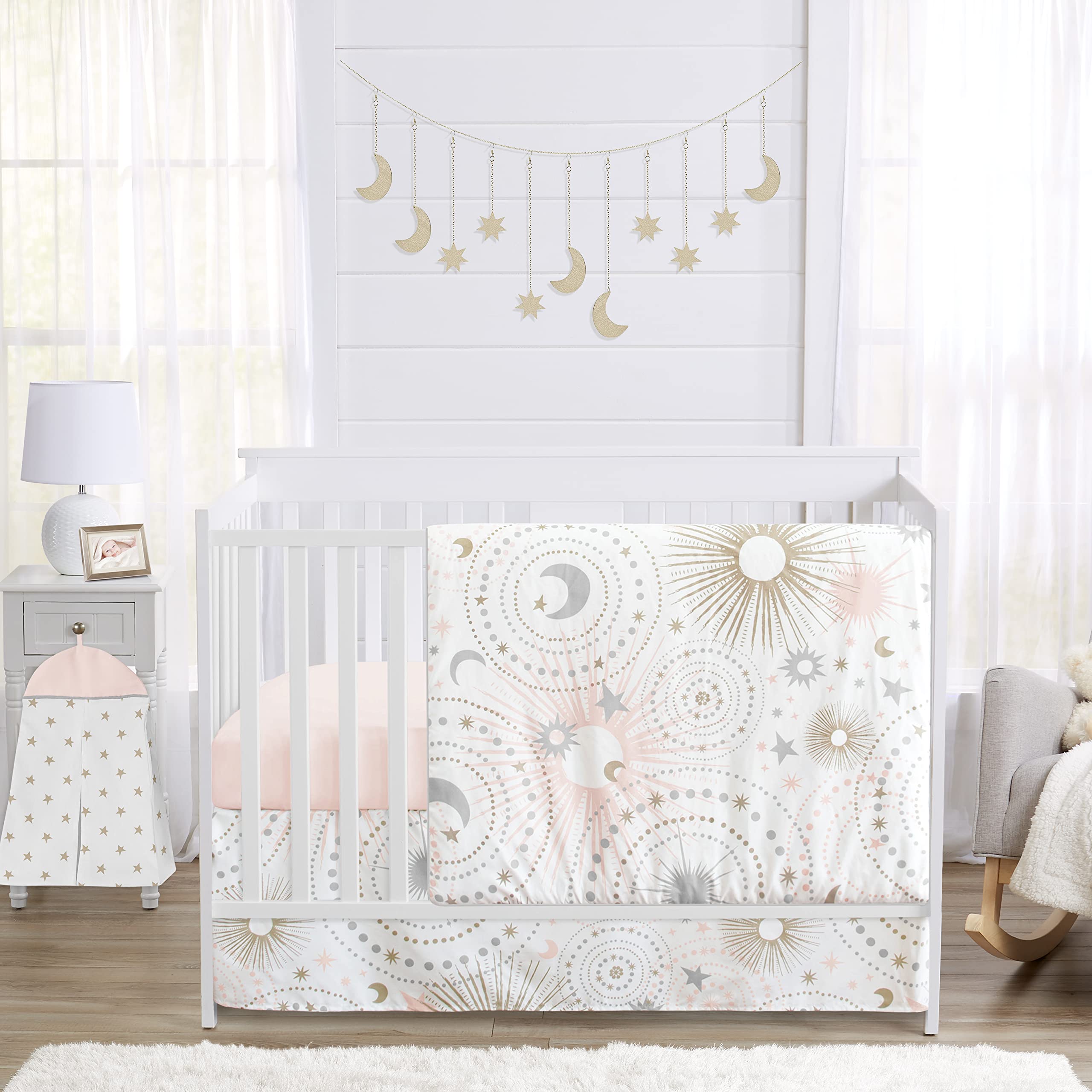 Sweet Jojo Designs Blush Pink & Gold Star Moon Baby Crib Bedding Set - 5 Piece Nursery Set with Quilt, Fitted Sheet, Skirt & Diaper Stacker - Celestial Sky Stars Theme - Perfect for Girls' Nursery Room Decor & Baby Shower Gifts