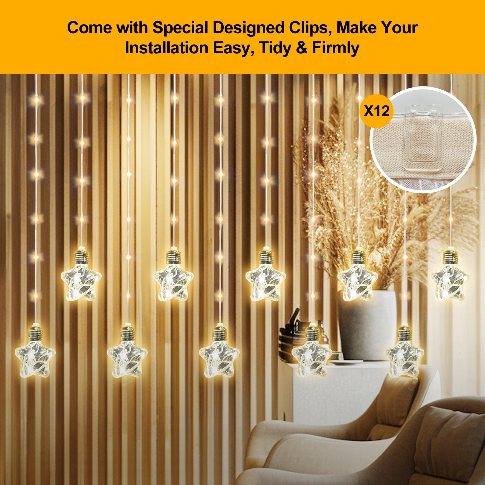 LED Star Fairy Hanging Lights with Remote - 8 Lighting Modes, Warm White Plug-in Curtain Lights for Bedroom, Wedding, Christmas Party Decor - Perfect for Window, Backdrop and Ambient Lighting