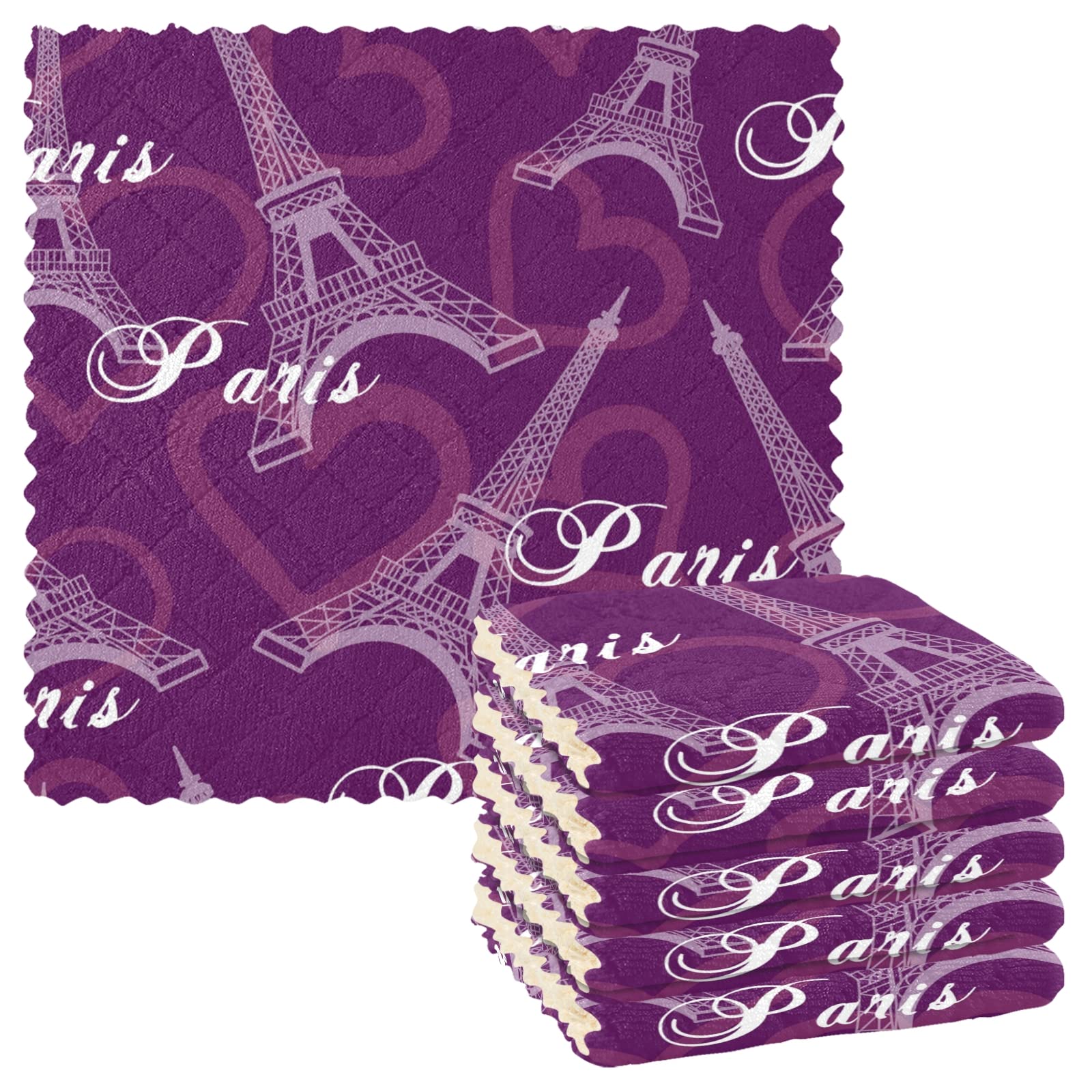 ALAZA Paris Eiffel Tower Purple Dish Towels - Set of 6 Super Absorbent, Lint-Free Kitchen Cleaning Cloths (11