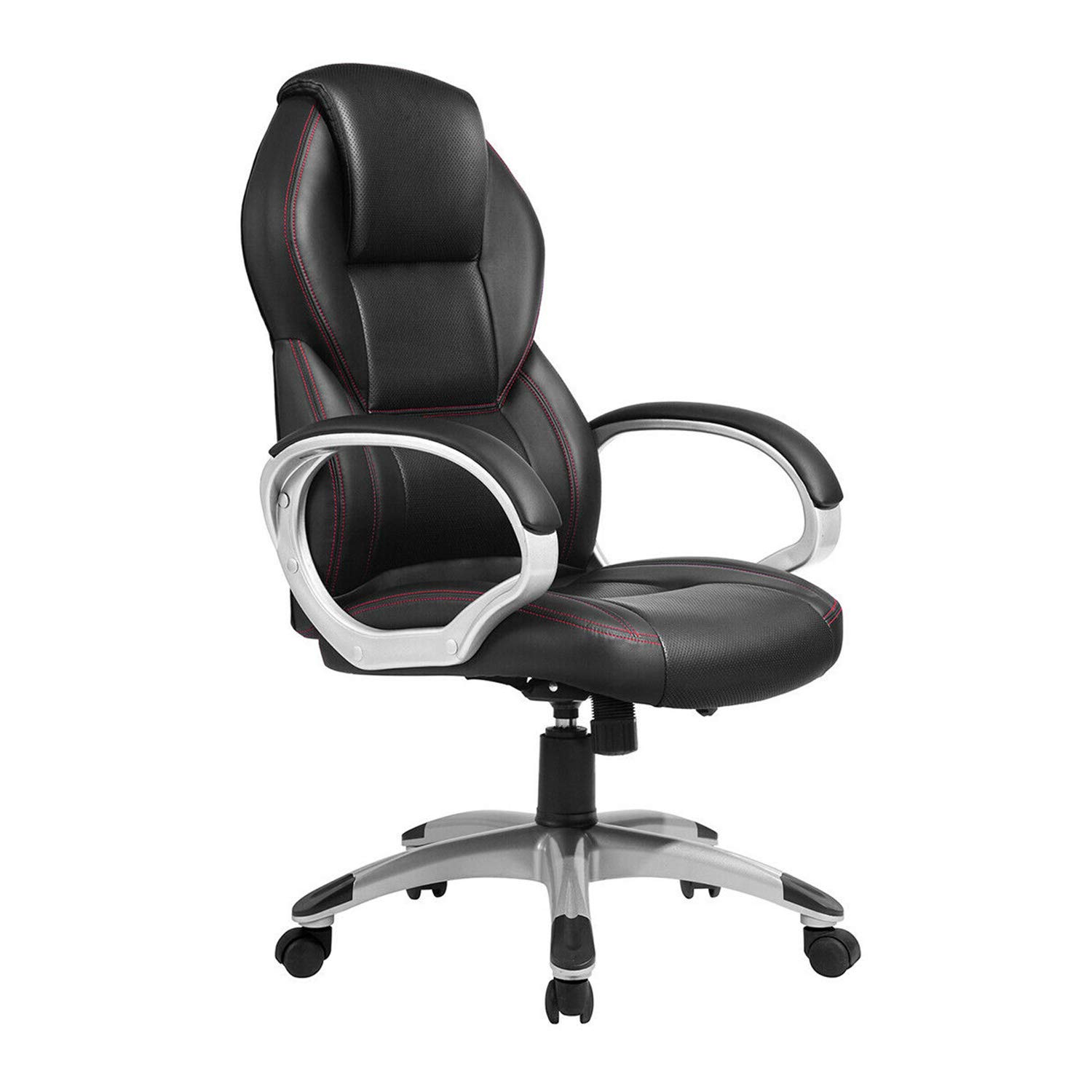 Premium Black Modern High-Back Executive Office Chair with Red Stitching - Ergonomic Swivel Desk Chair with Caster Wheels & Adjustable Height (26.18
