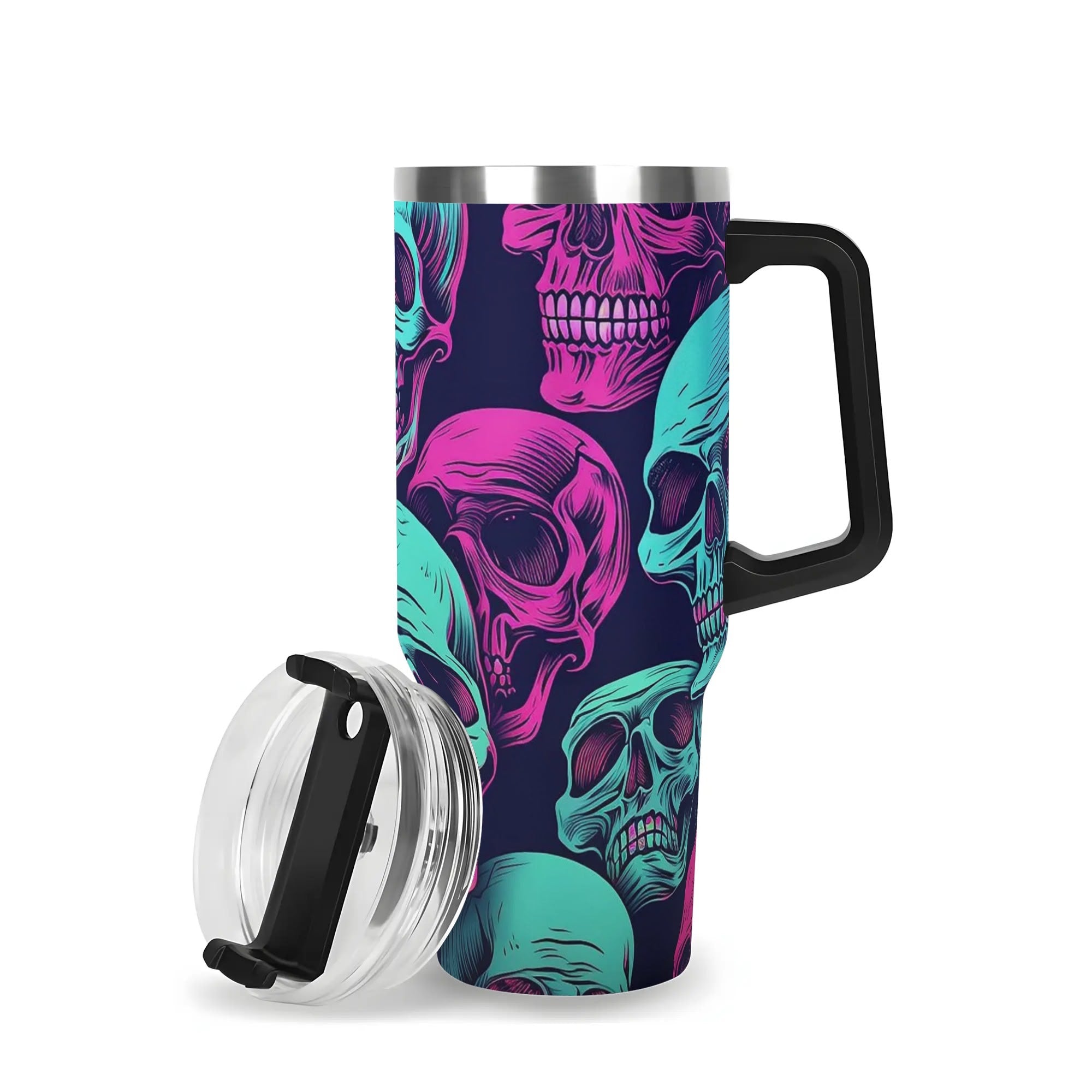 Neon Skulls 40oz Stainless Steel Tumbler with Straw & Black Handle - Insulated Travel Mug for Coffee, Tea & Cold Drinks - Perfect for Gym, Office & Outdoor Adventures