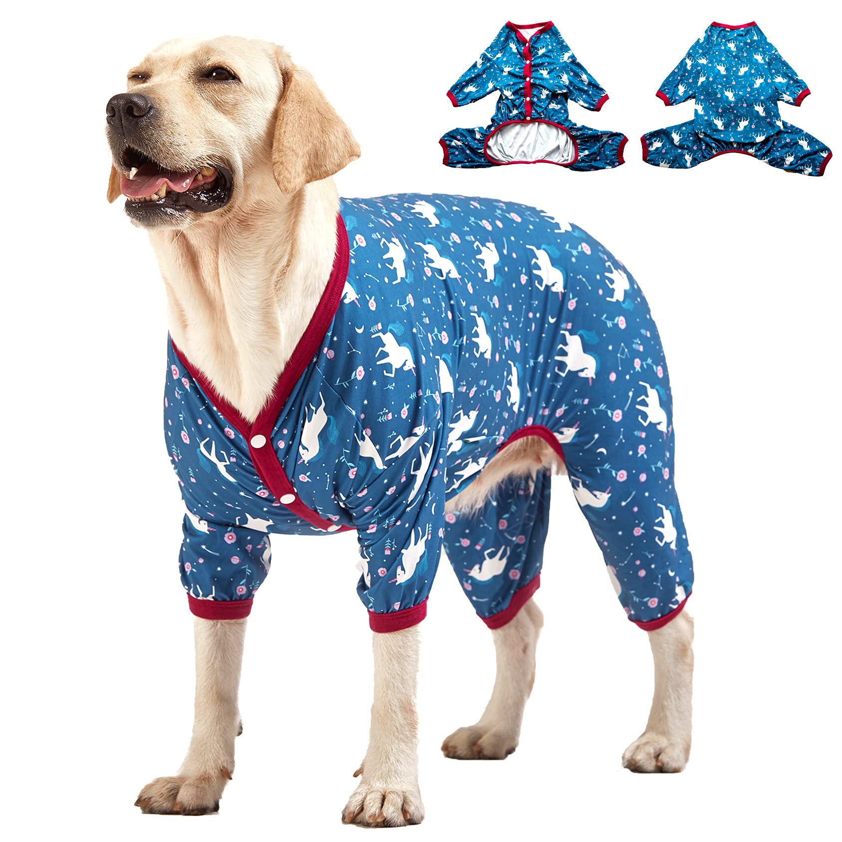 LovinPet Large Dog Shirt - XXL Dog Undershirt for Coats, Anti Licking & Anxiety Relief Onesie, Floral Pony Navy Print PJs - Perfect for Large Breed Dogs, Winter Wear & Post-Surgery Recovery