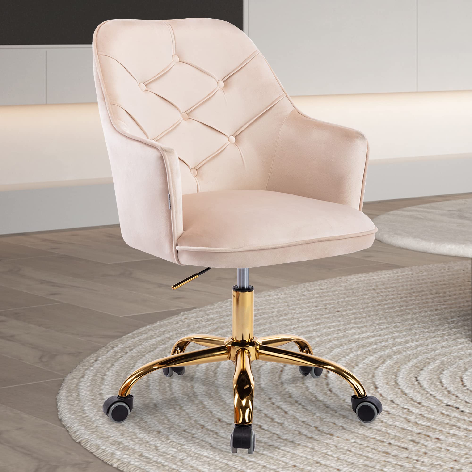 HOMEFUN Velvet Desk Chair - Adjustable Swivel Rolling Office Chair with Golden Base, Upholstered Vanity Chair for Girls, Beige | Perfect for Home Office, Bedroom & Living Room Workspace