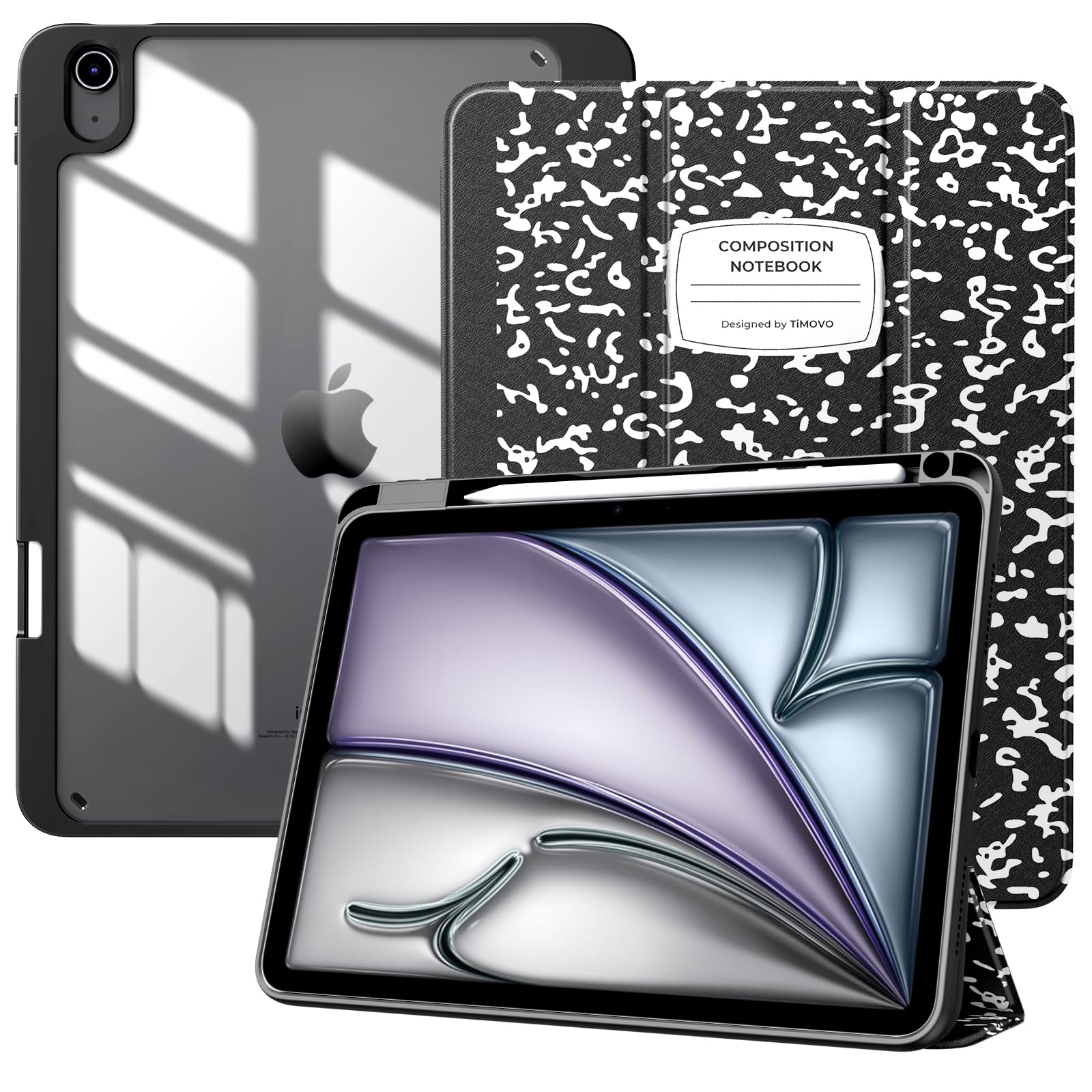 TiMOVO iPad Air 11 Inch Case (M3/M2 2025/2024 Model) with Pencil Holder - Compatible with iPad Air 5th/4th Gen (2022/2020) 10.9 Inch - Slim Protective Cover with Clear Back & Auto Wake/Sleep - Perfect for Work, School & Travel - Black Notebook Style