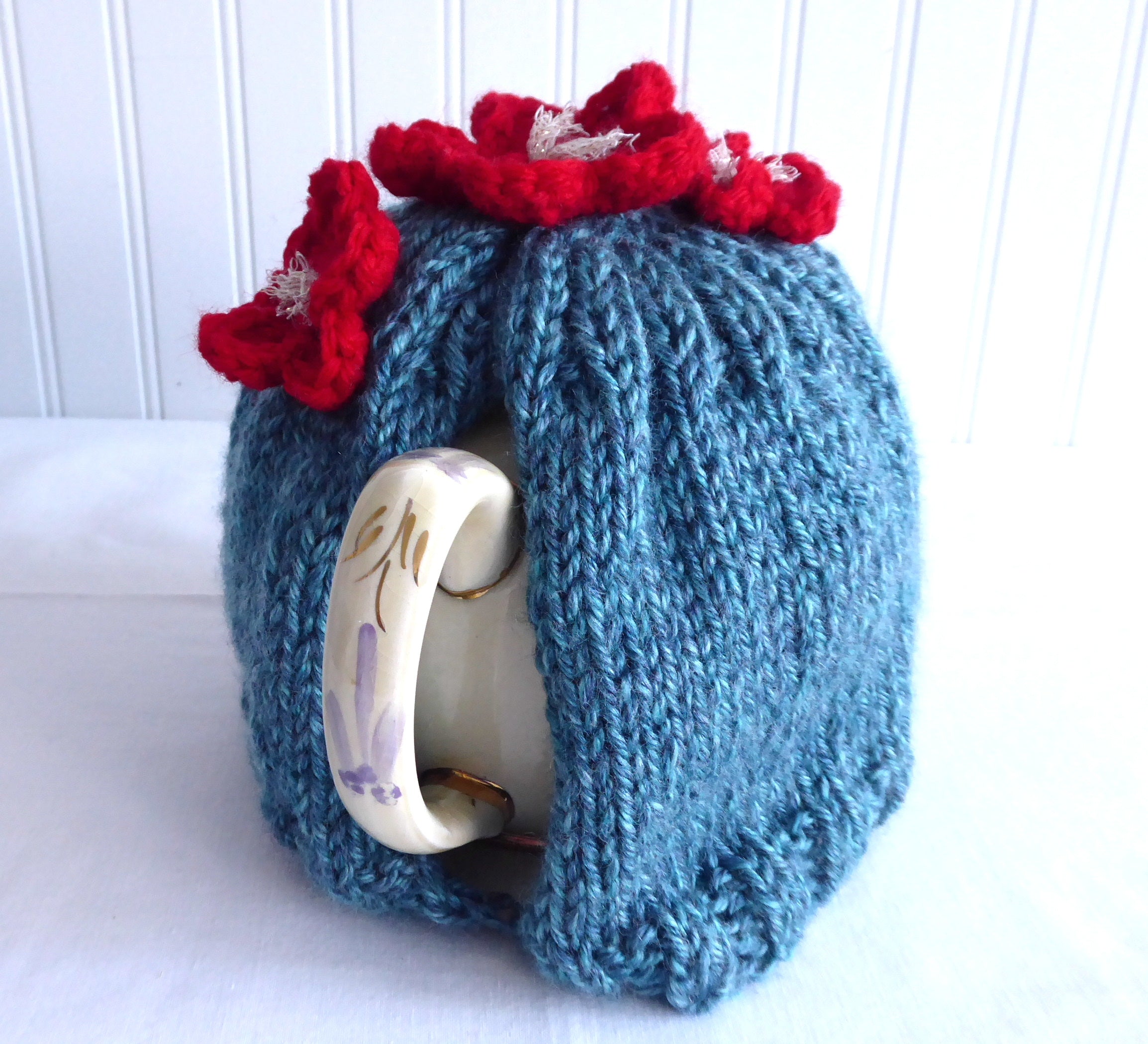 Hand Knitted Medium Stretchy Tea Cozy - Applied Flowers Teal Heather - US Artisan Made - Perfect for English Tea Parties & Cozy Afternoons