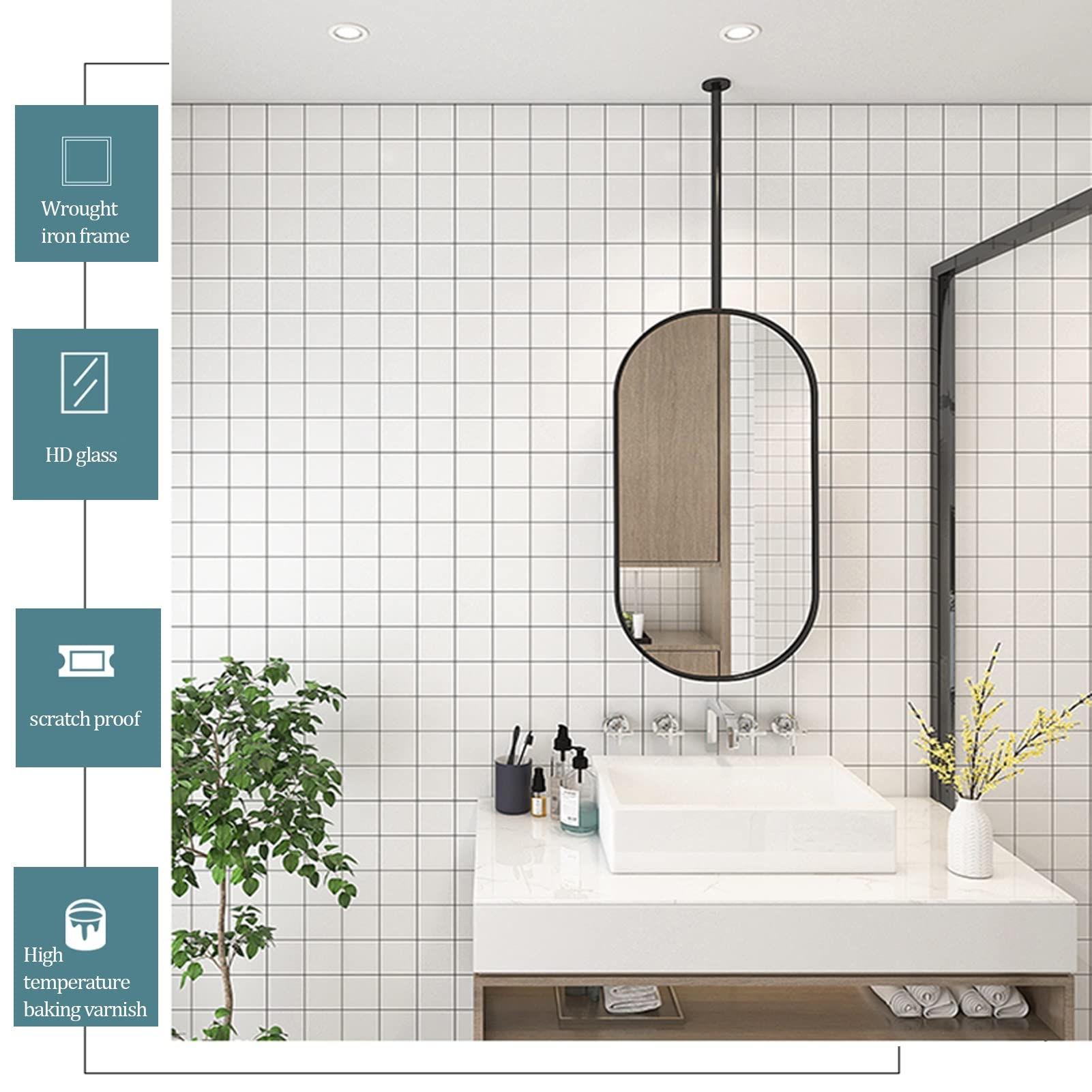 50cmx70cm Oval Ceiling Mirror with Metal Frame & Adjustable Boom - Perfect for Bathroom, Bedroom, Makeup Vanity & Shaving Station | Customizable Metal Arm for Versatile Use