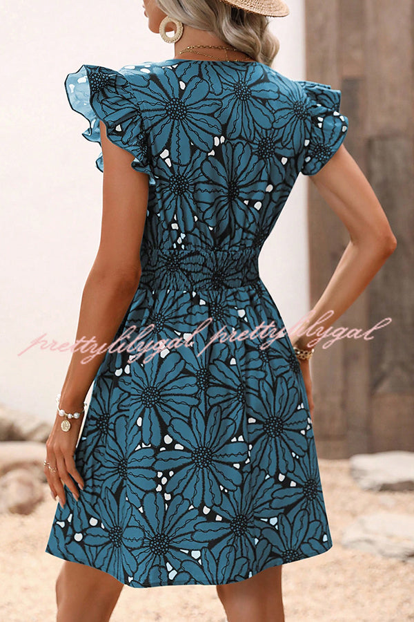 Floral Print Ruffle Sleeve Mini Dress with Elastic Waist - Perfect for Weekend Outings, Brunch Dates & Summer Vacations
