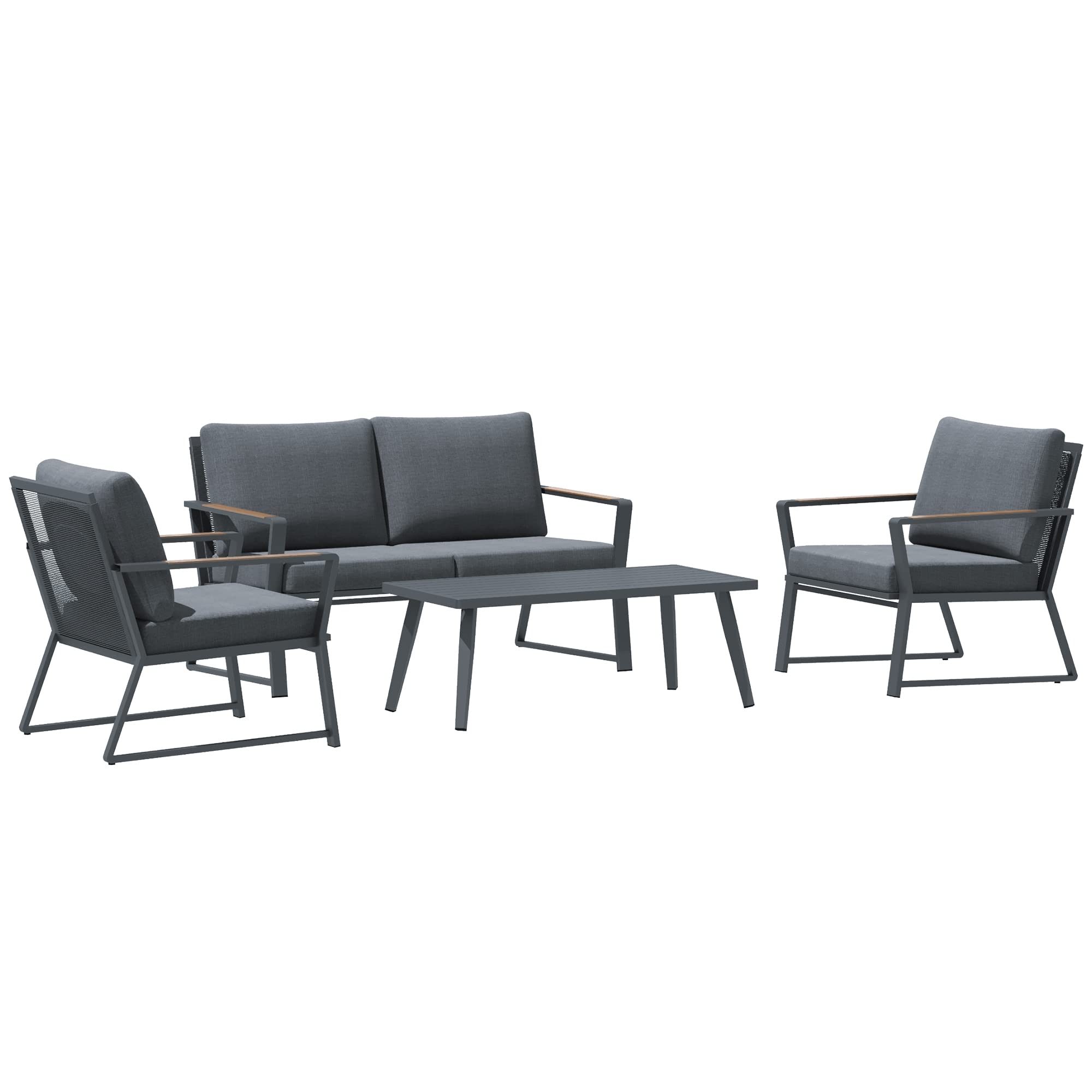 Outsunny 4-Piece Patio Furniture Set - Aluminum Outdoor Conversation Set with Armchairs, Loveseat, Coffee Table & Cushions - Dark Grey - Perfect for Garden, Backyard, Poolside & Outdoor Relaxation
