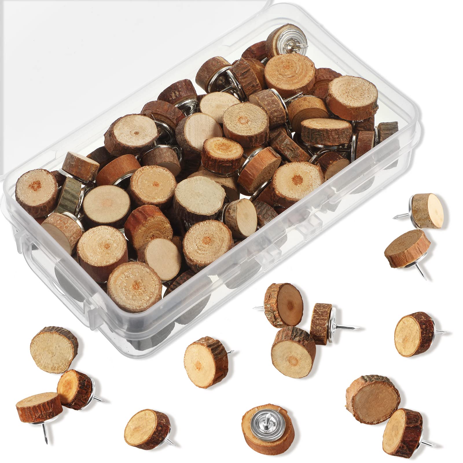 Sawysine 80 Pcs Natural Wood Push Pins - Decorative Thumb Tacks for Cork Boards, Maps, Photos, Calendars | Home Office & Craft Supplies (Round Head) - Perfect for DIY Projects, Bulletin Boards & Wall Decor