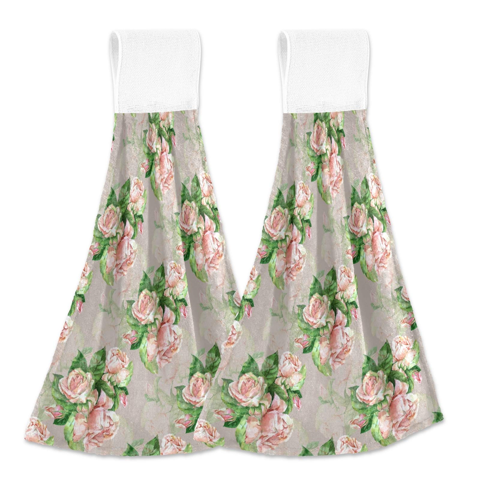 ALAZA 2 Pack Absorbent Kitchen Towels - Soft Shabby Chic Floral Design with Pink Roses, Hanging & Hand Towels for Cooking, Baking, and Dish Drying