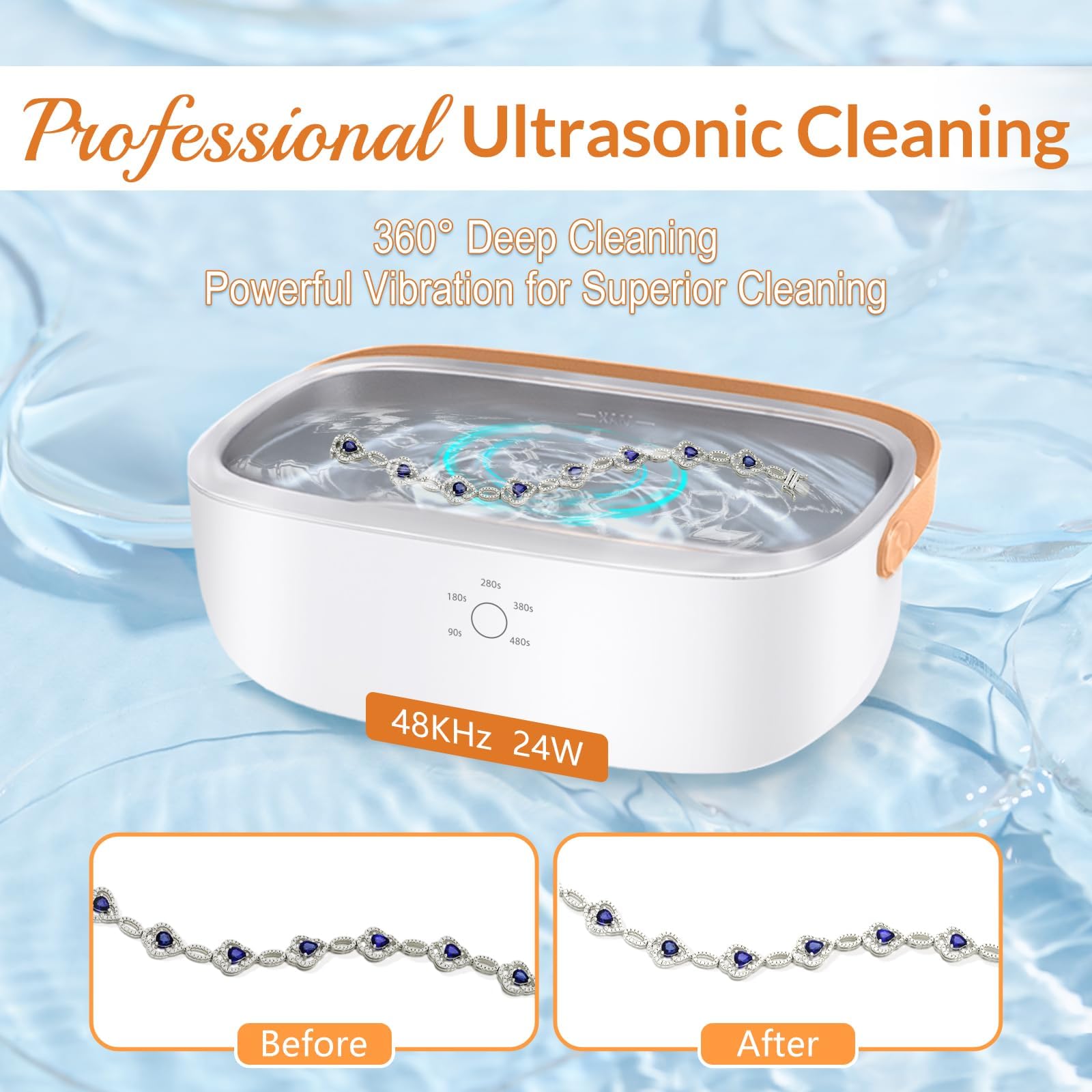 Professional Ultrasonic Cleaner 425ml - High Power 48kHz for Jewelry, Eyeglasses, Watches & Dentures - Large Tank with 5 Timer Settings & One-Touch Operation - Portable & Quiet - Perfect for Home, Travel & Professional Use