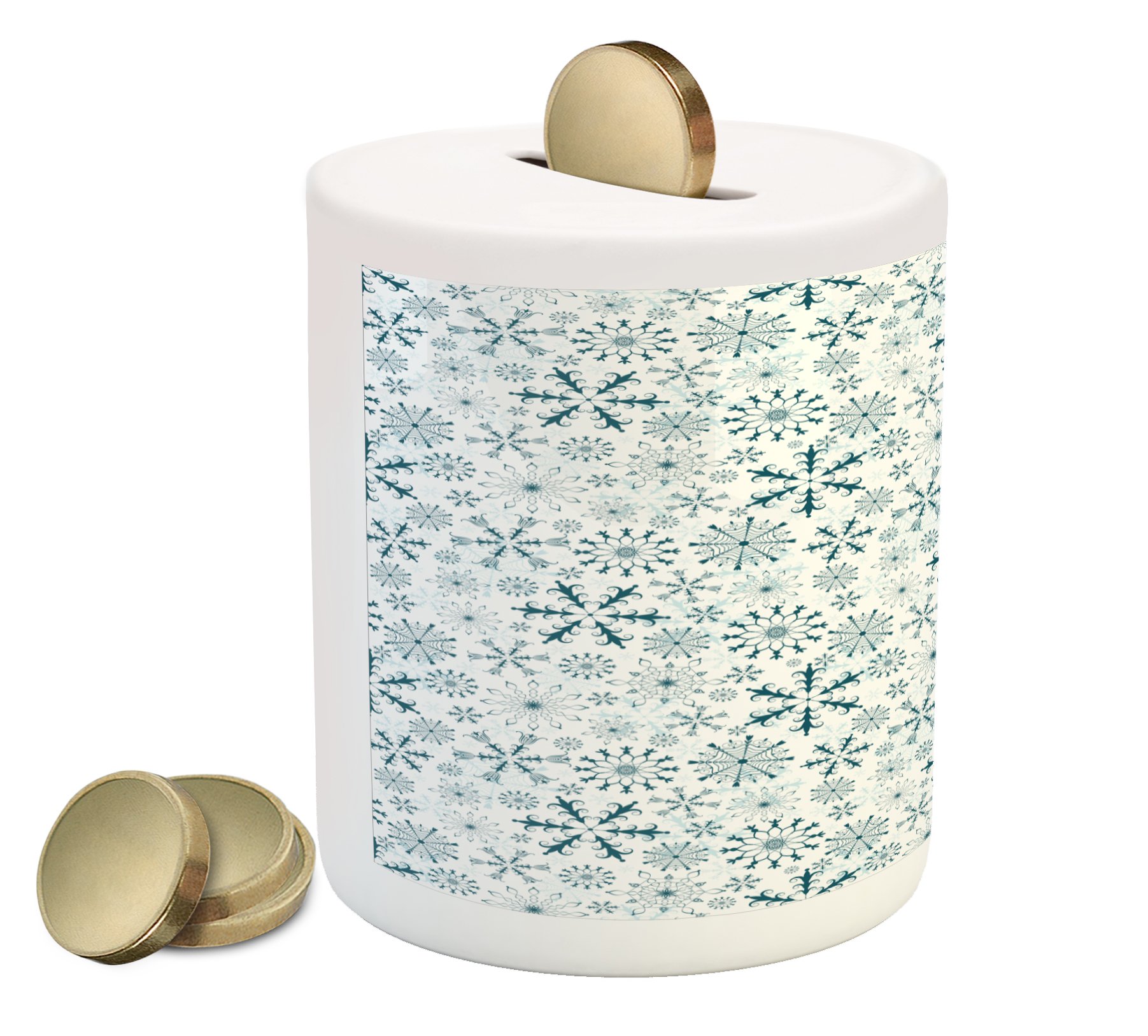 Ambesonne Ceramic Piggy Bank - Vintage Winter Holiday Design with Snowflakes, Christmas Theme Coin Bank for Cash Savings | Perfect Gift for Kids, Teens & Collectors | Home Decor, Office, Christmas Party Decoration
