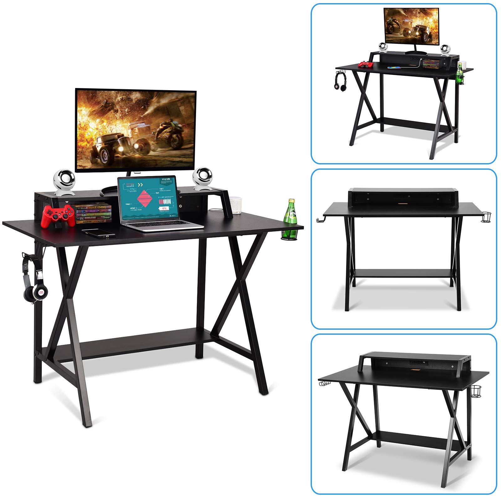 48-inch WATERJOY Gaming Desk - Ergonomic E-Sports Workstation with Headset Hook, Cup Holder & Built-in Power Strip | Perfect for PC Gaming, Streaming & Home Office Setup (Black)