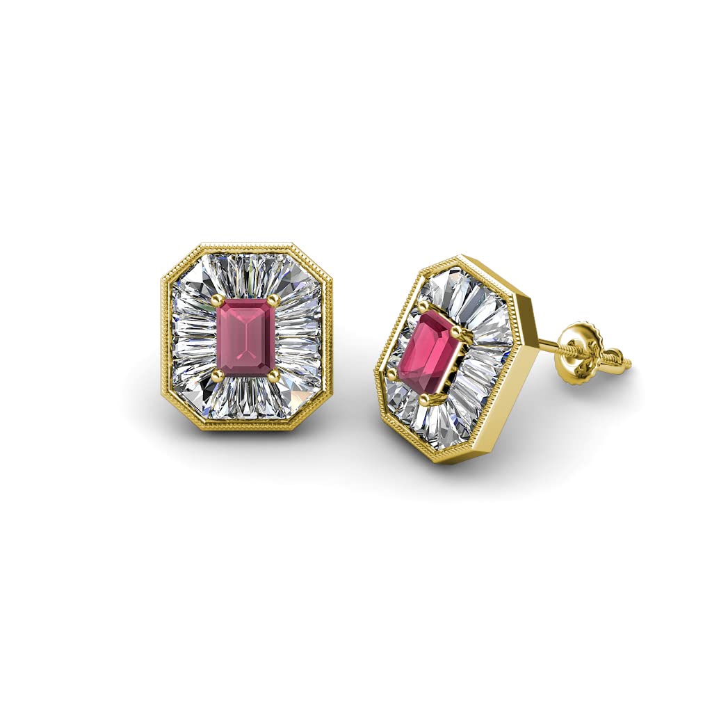 Natural 1 3/8ctw Emerald Cut Rhodolite Garnet & Diamond Milgrain Stud Earrings in 14K Gold - Elegant Women's Jewelry for Weddings, Parties & Special Occasions