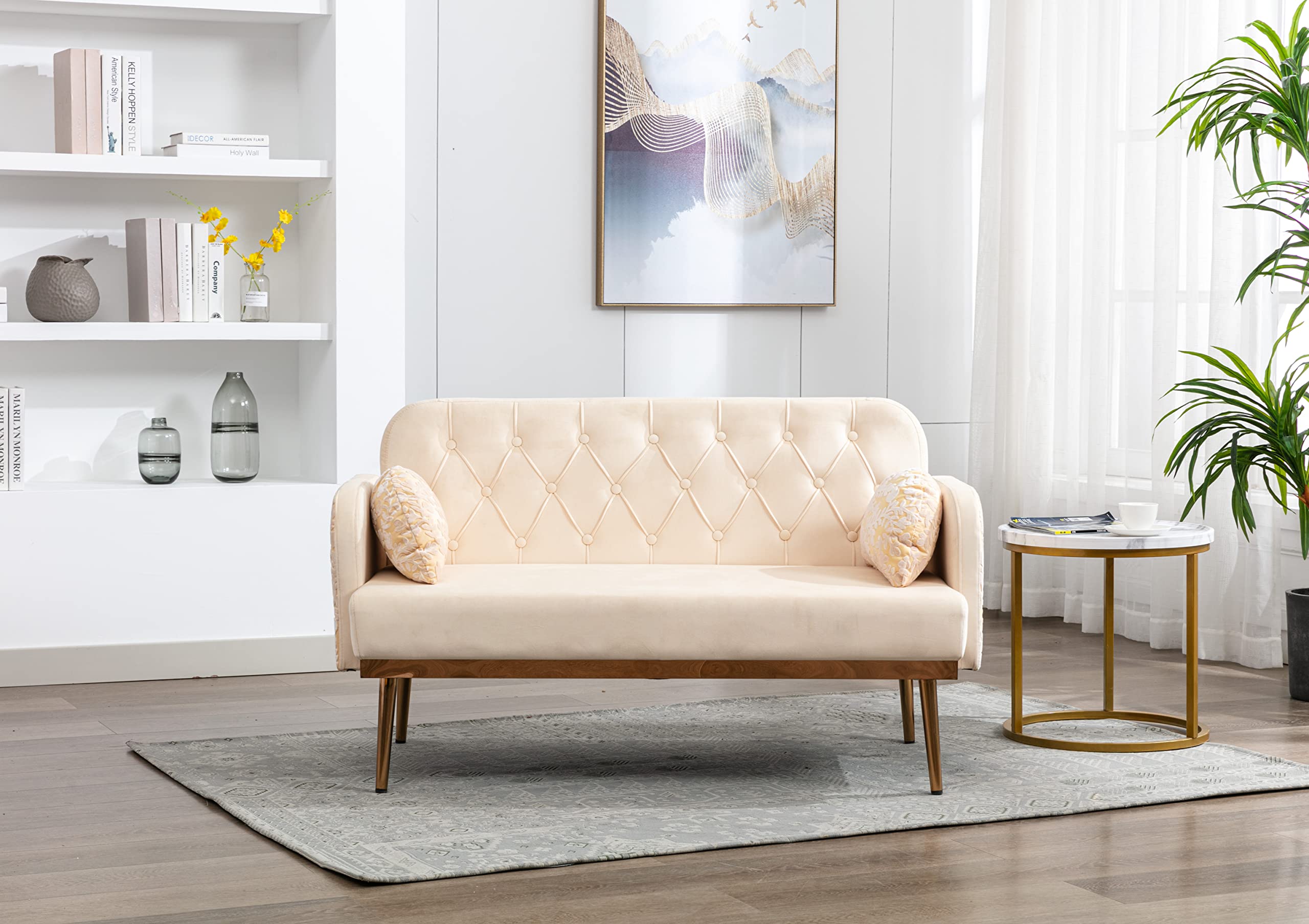 Velvet Loveseat Sofa with Rose Gold Legs & 2 Soft Pillows - Modern Accent Couch for Living Room, Bedroom, Apartment (Beige) | Perfect for Small Spaces, Reading Nook & Cozy Relaxation