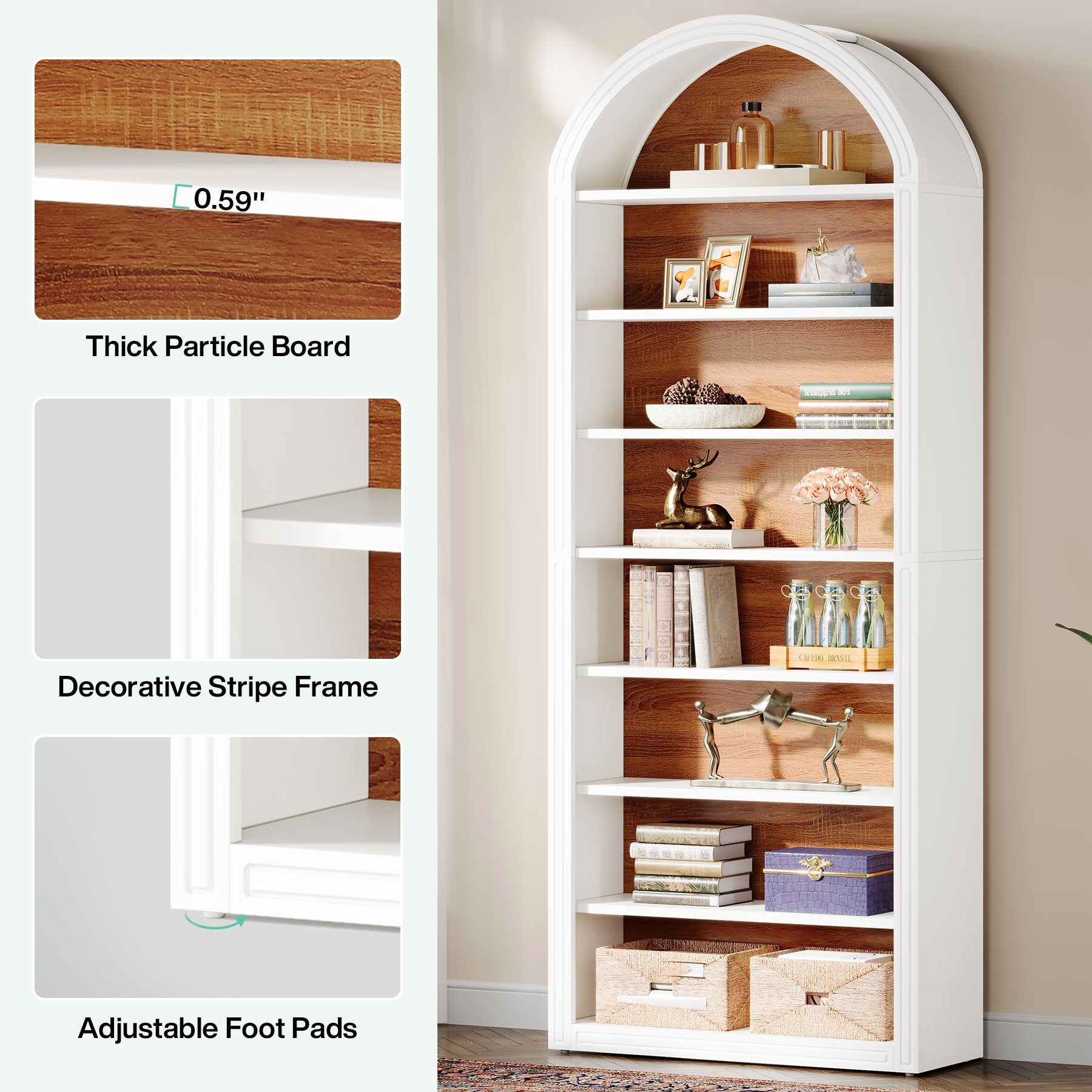 6/8 Tier Tall Wooden Bookshelf - Arched Bookcase Display Shelving Unit for Living Room, Office & Bedroom Storage & Organization