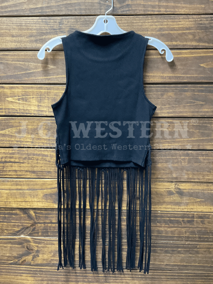 Rock & Roll Denim BW20T05871 Black Women's Macrame Fringe Top - Boho Chic Style for Music Festivals & Casual Outings