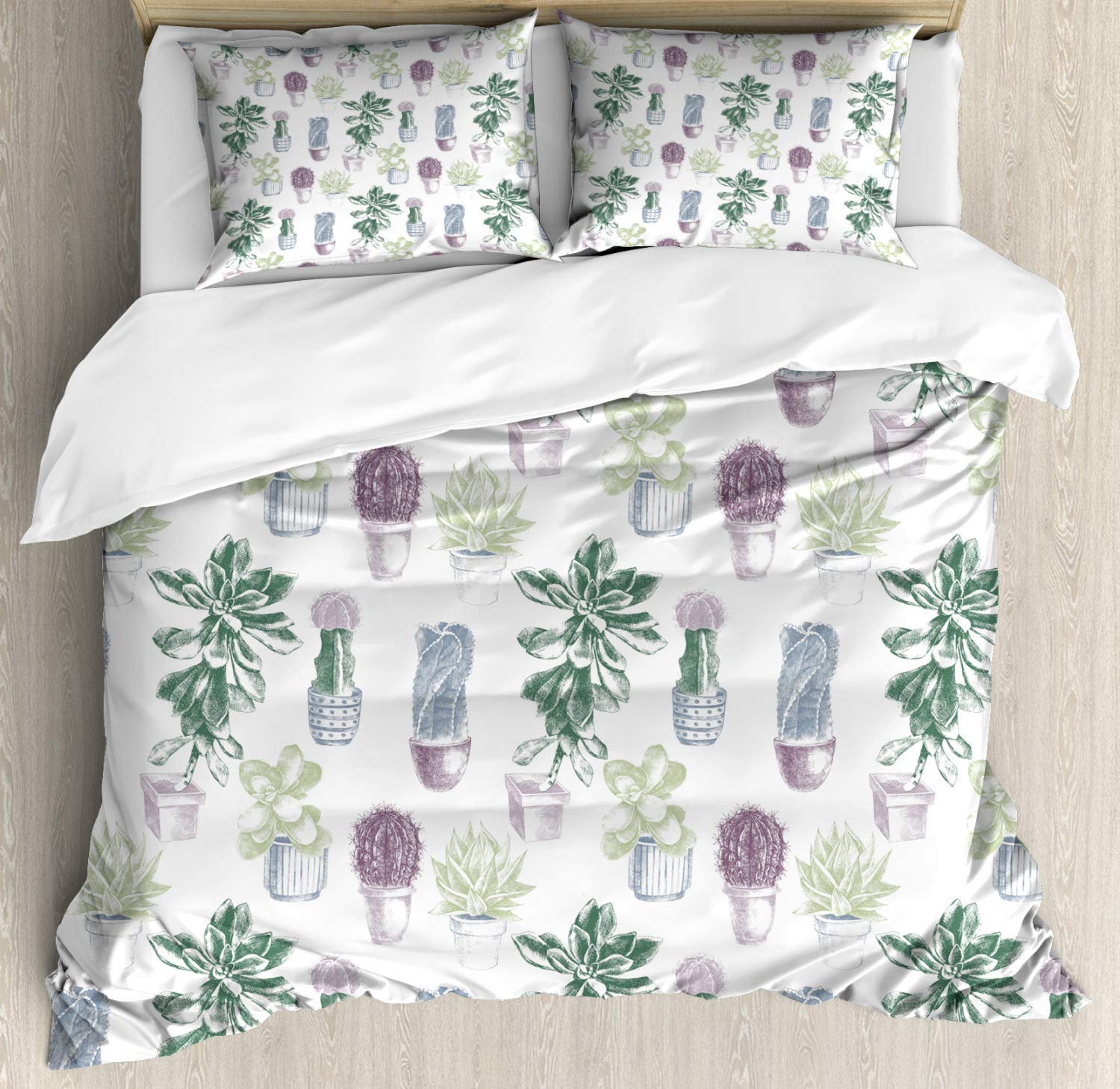 Ambesonne Cactus Duvet Cover Set - King Size 2-Pack with 4 Pillowcases | Mexican Succulent & Indigenous Flora Design | Colorful Flower Pot Pattern | Perfect for Bedroom Decor & Southwest Style Home