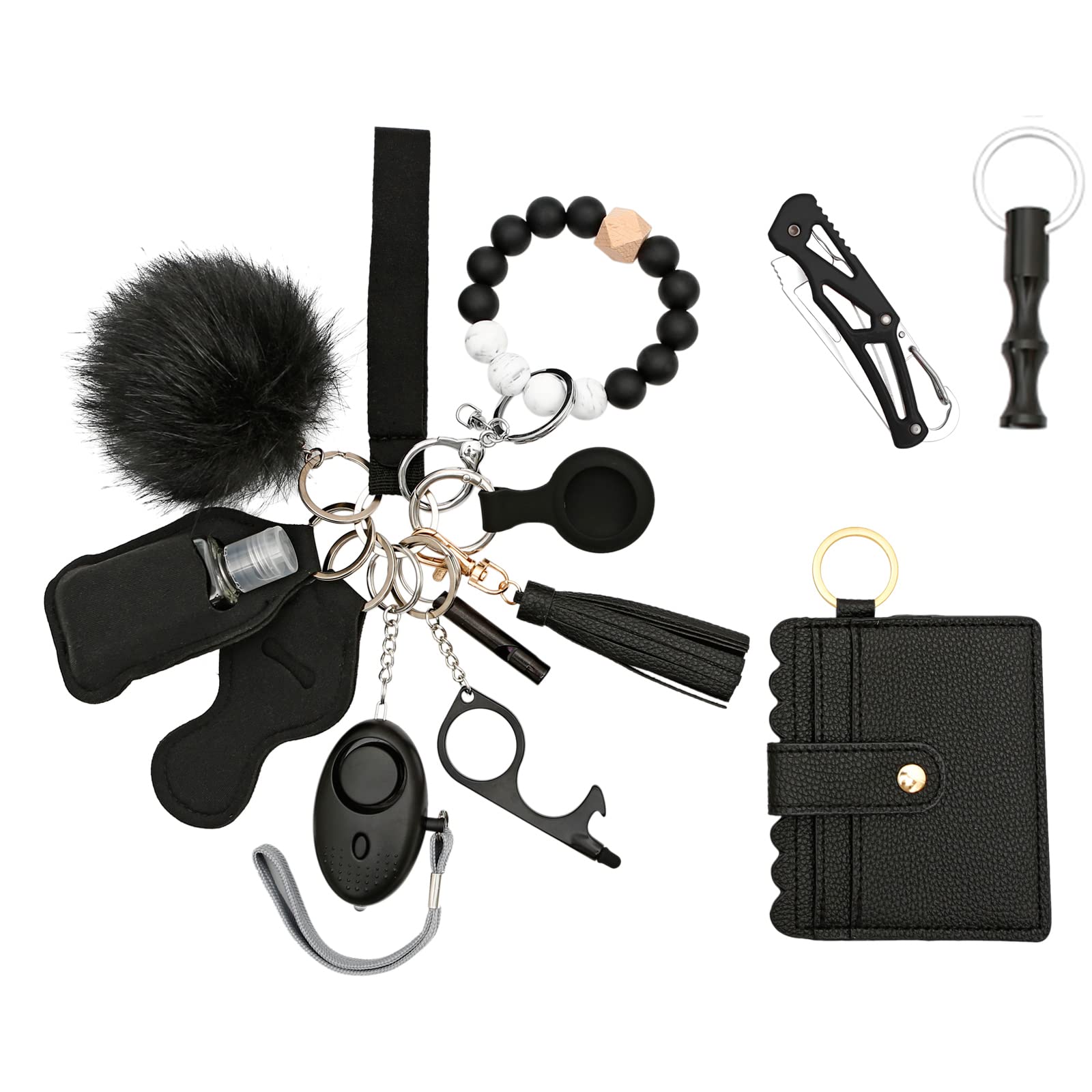 Safety Wristlet Lanyard Keychain Set for Women - Personal Alarm Protection, Hand Sanitizer Holder with Pom Pom Accessories - Perfect for Work, Gym, Travel & Daily Safety Essentials