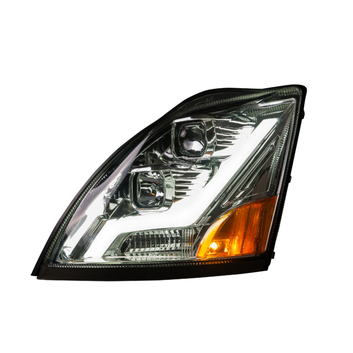 Volvo VN VNL Chrome Housing LED Headlights Set with Light Bar - Left & Right Side Replacement for Improved Night Driving & Truck Styling