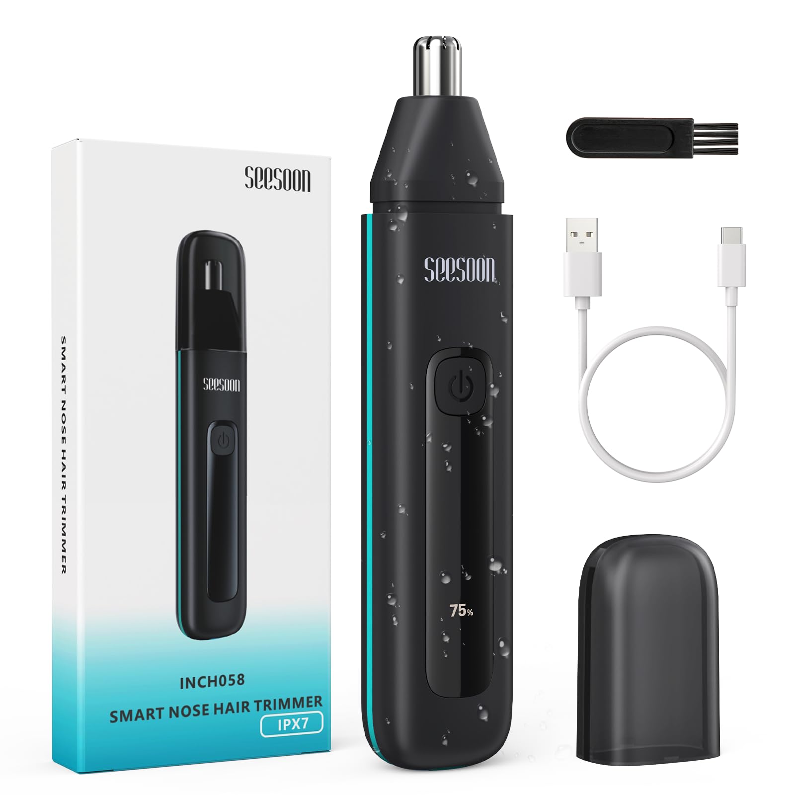 Seesoon Painless Nose & Ear Hair Trimmer for Men - IPX7 Waterproof USB Rechargeable Grooming Kit (Green) - Perfect for Travel, Gym & Daily Personal Care