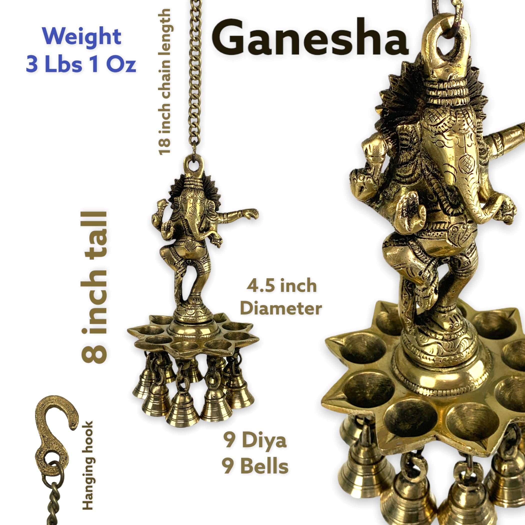 LOVENSPIRE Brass Ganesha Wall Hanging with Bells - Hindu Oil Lamp Diya for Home Temple, Office & Mandir - Diwali Decor, Puja Diyas, Housewarming Gift - Perfect for Festivals, Prayer Rooms & Spiritual Spaces
