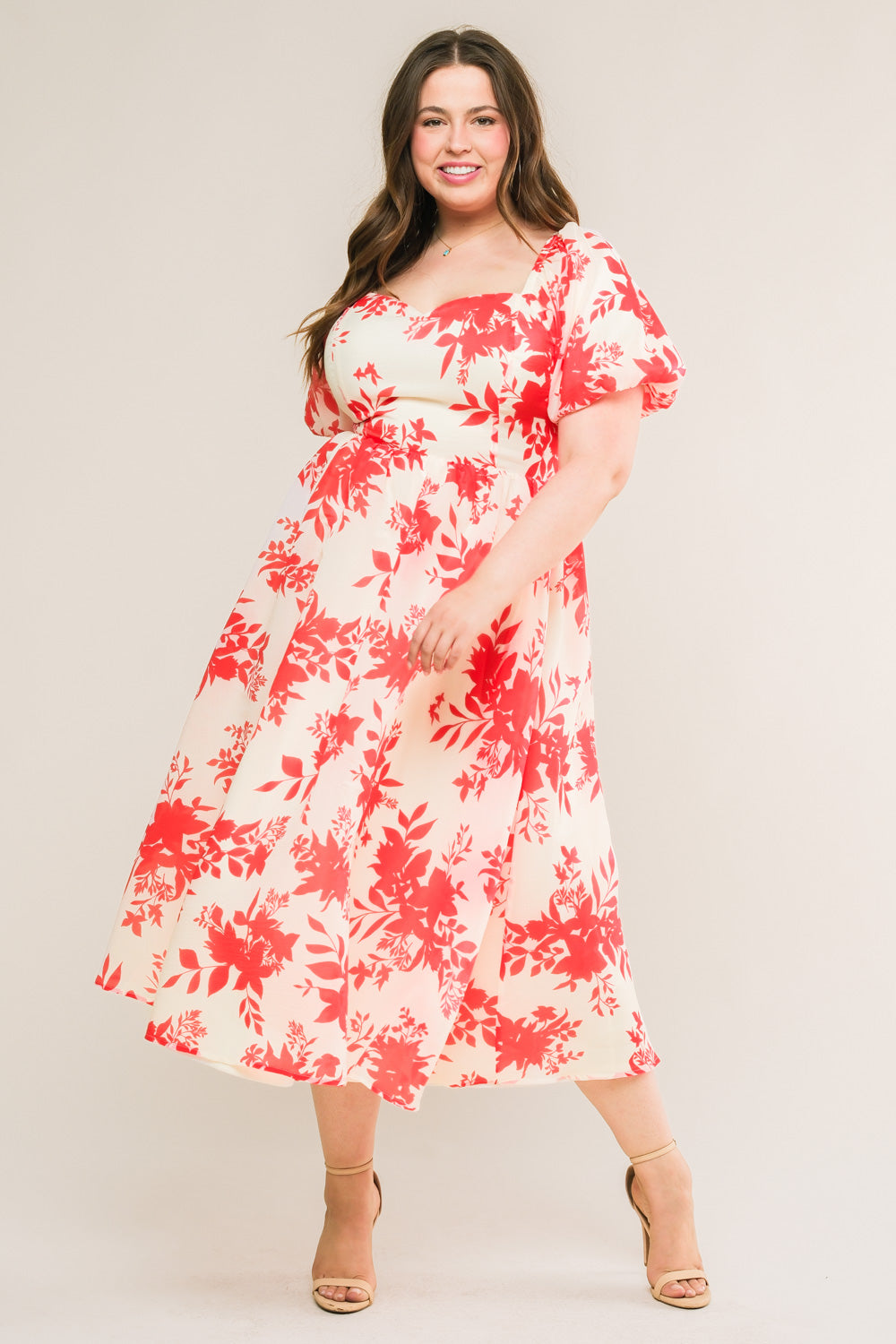 Cottage Garden Puff Sleeve Midi Dress in Red - Floral Summer Dress for Women, Perfect for Garden Parties, Brunch Dates & Outdoor Events