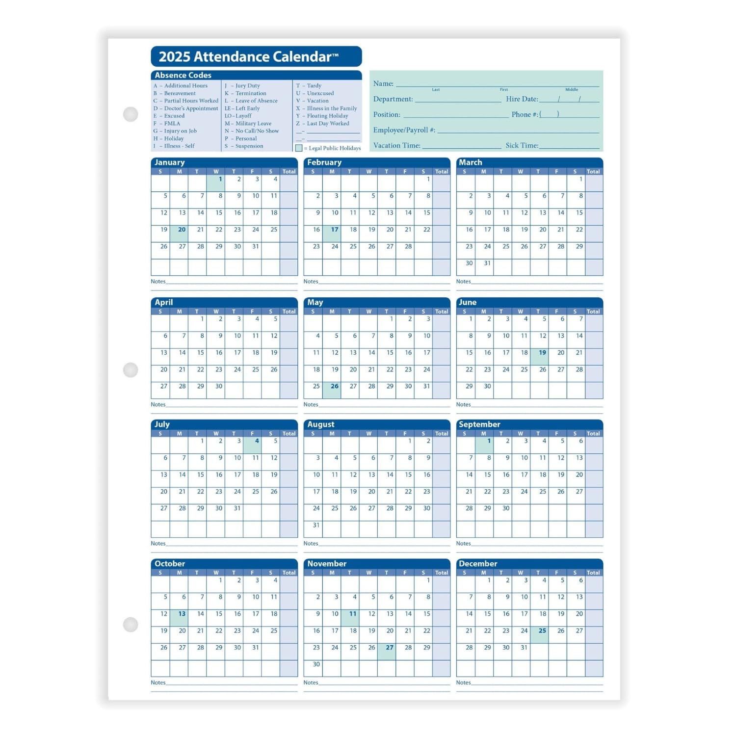 2025 Attendance Calendar Card - Pack of 25 White Business Cards - Perfect for Office, School, and Event Tracking
