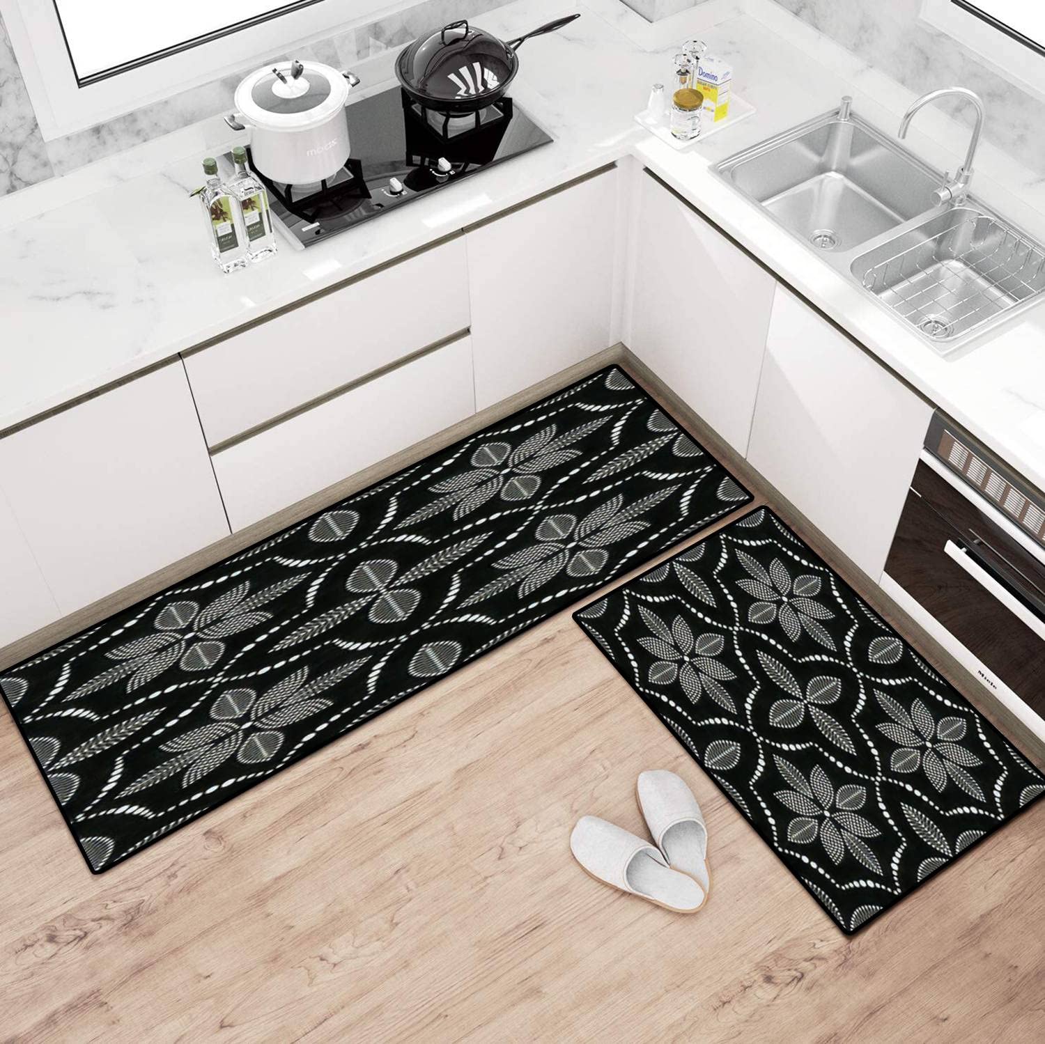 Black and White Floral Kitchen Rugs Set - Non-Slip Washable Floor Mats with Dotted Trellis Mosaic Design - Perfect for Kitchen Runner, Doormat, Bath Rug & Comfortable Standing Mats - Ideal for Home Decor and High-Traffic Areas