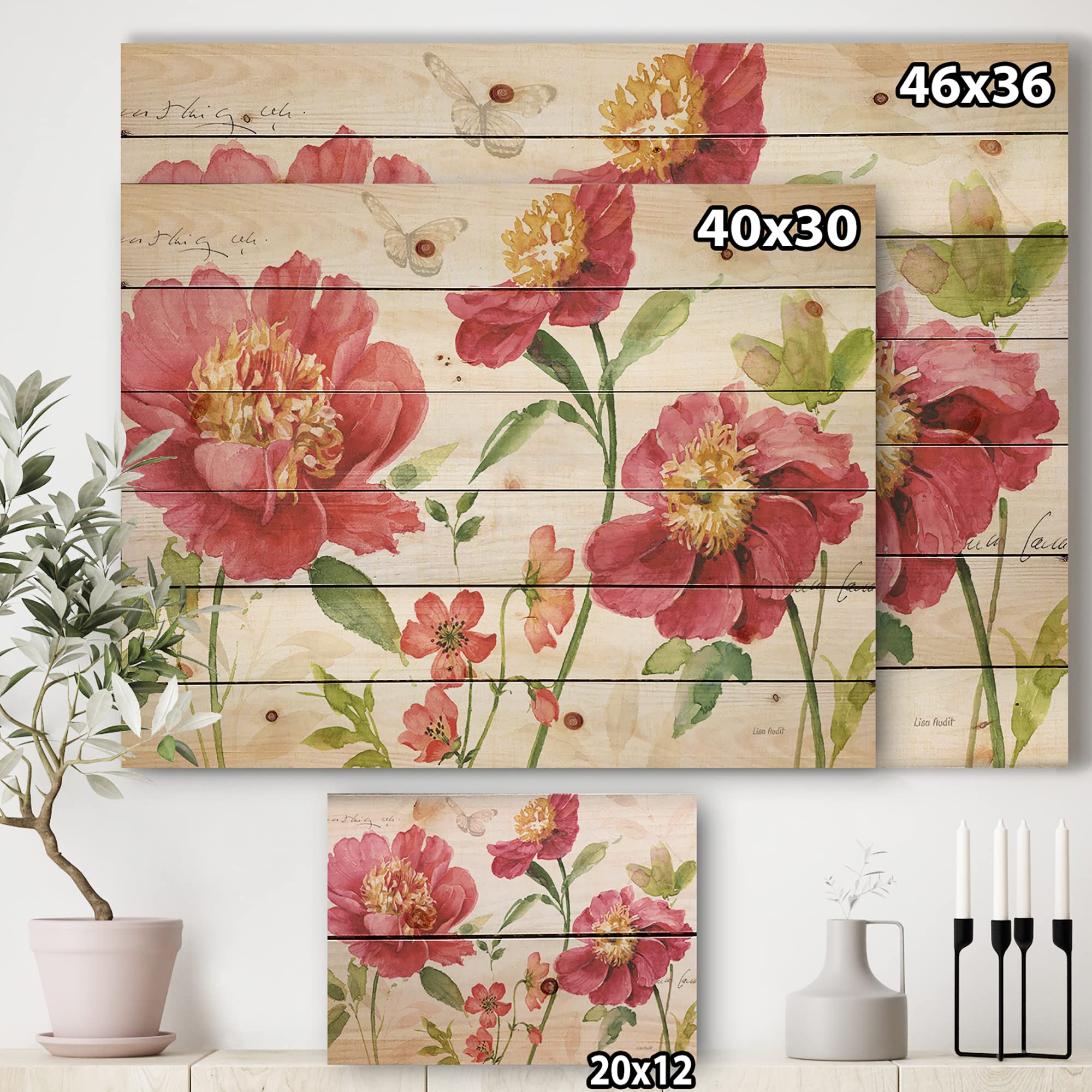 DesignQ Red Spring Flowers and Butterfly Traditional Wood Wall Decor - Pink Floral Wood Wall Art, Large Printed Pine Wood Panels for Home, Bedroom, Living Room Decor