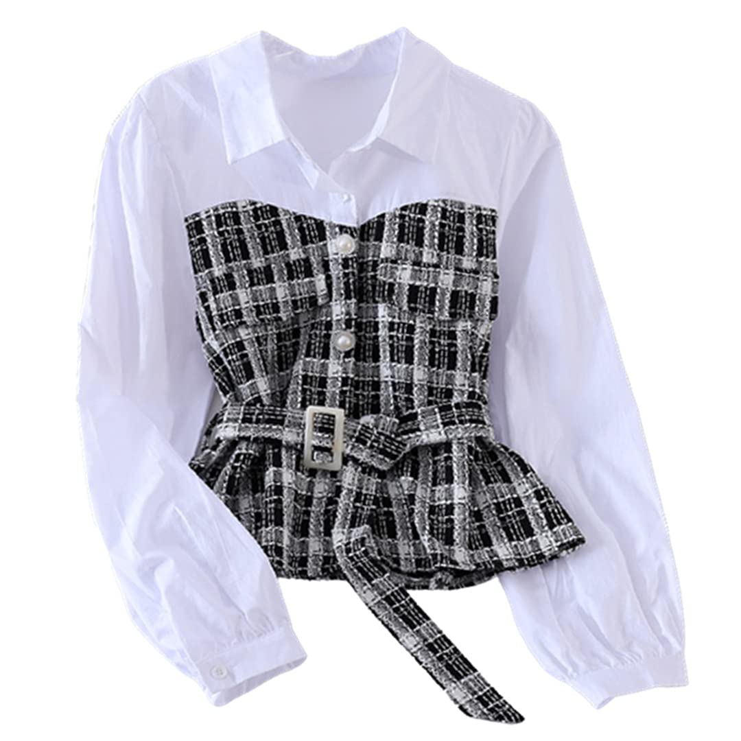 Women's Loose Fit Long Sleeve Plaid Shirt - Autumn Korean Style Stitched 2 Piece Blouse Top for Casual Wear & Office Outfits