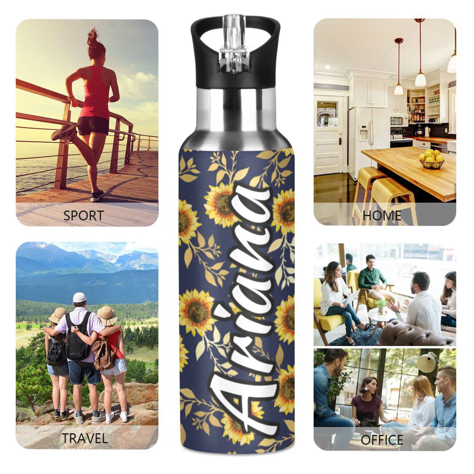 **Personalized 33oz Stainless Steel Insulated Water Bottle with Straw Lid - Custom Sunflower Design, Double Wall Vacuum Insulation for Travel, Gym & Outdoor Activities**