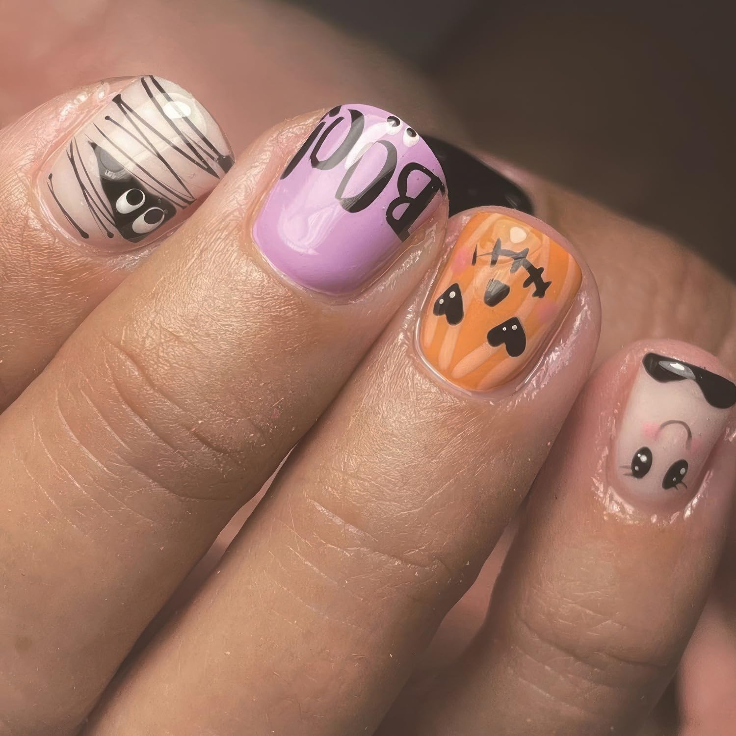 24Pcs Halloween Press on Nails - Short Square Fake Nails with Cute Mummy Design, Full Cover Glossy Stick on Nails for Women & Girls | Perfect for Halloween Parties, Costume Events & Nail Art Decor