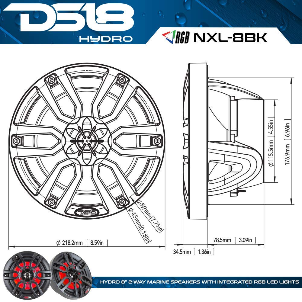 DS18 Hydro CF-8M 8 Inch 2-Way Coaxial Marine Speakers with RGB LED Lights - 125W RMS 4-Ohm Waterproof Boat Audio System, UV Resistant Carbon Fiber Design (Pair of 8