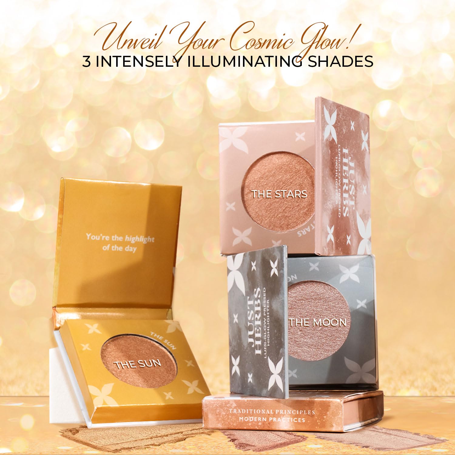 Just Herbs Lumi Glow Pressed Highlighter - Shea Butter & Vitamin C Face Makeup - 3.5g (The Stars) - Natural Radiance for Cheekbones, Nose & Décolletage - Perfect for Day & Night Glow