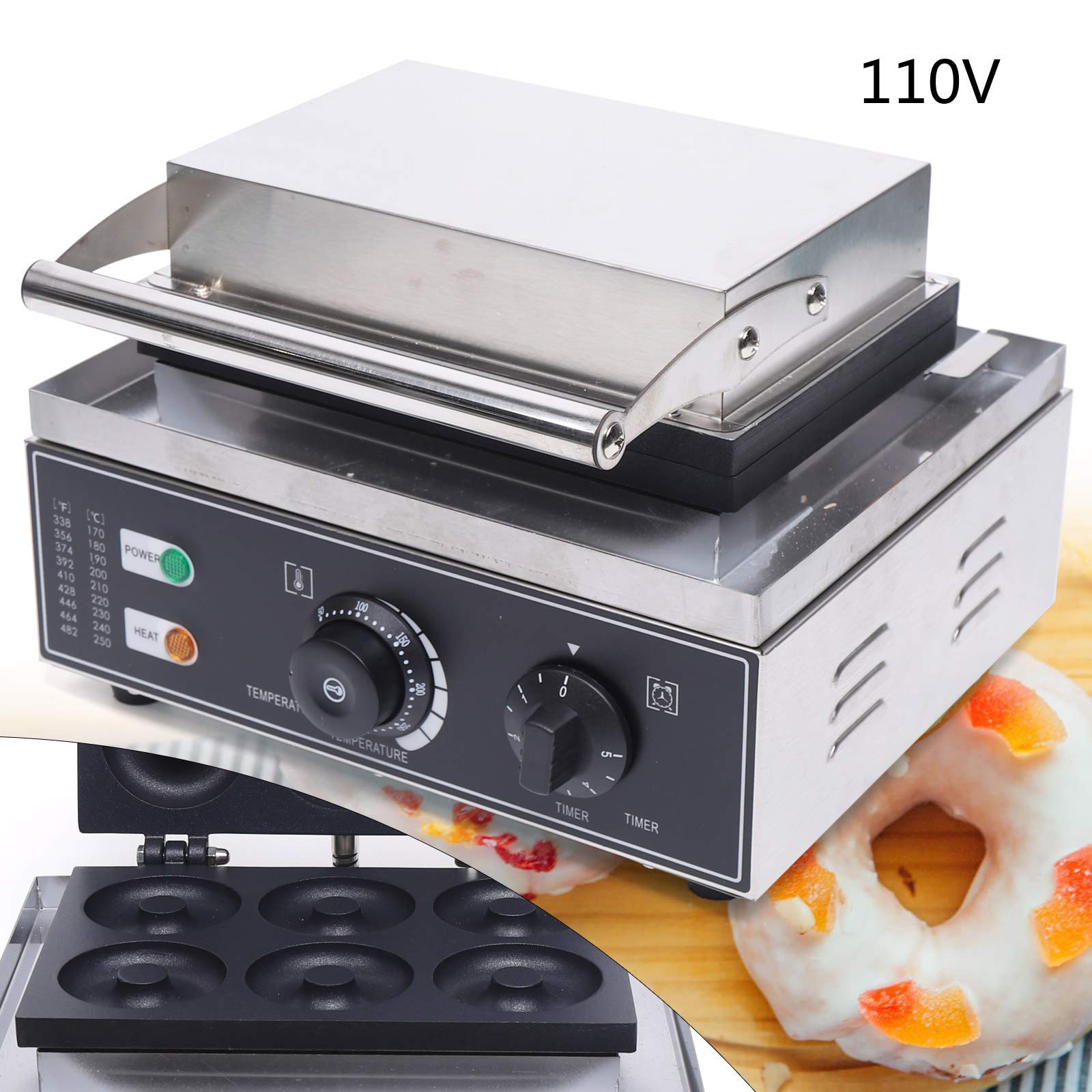 Commercial & Home Use 110V 1550W 6-Hole Double-Sided Non-Stick Electric Donut Maker Machine with Anti-Scald Stainless Steel Handle (50-300℃) - Perfect for Bakeries, Cafes, Restaurants, and Family Breakfasts