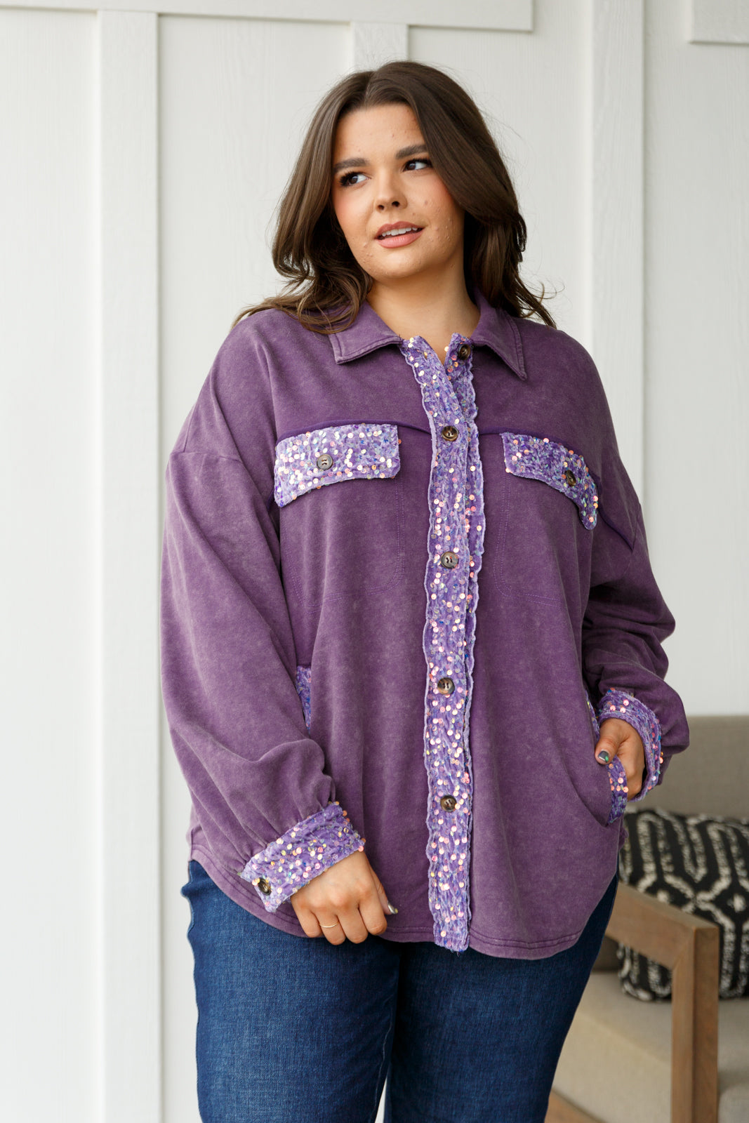Purple Sequins Shacket for Women - Stylish Sparkly Jacket for Parties, Night Out & Special Occasions