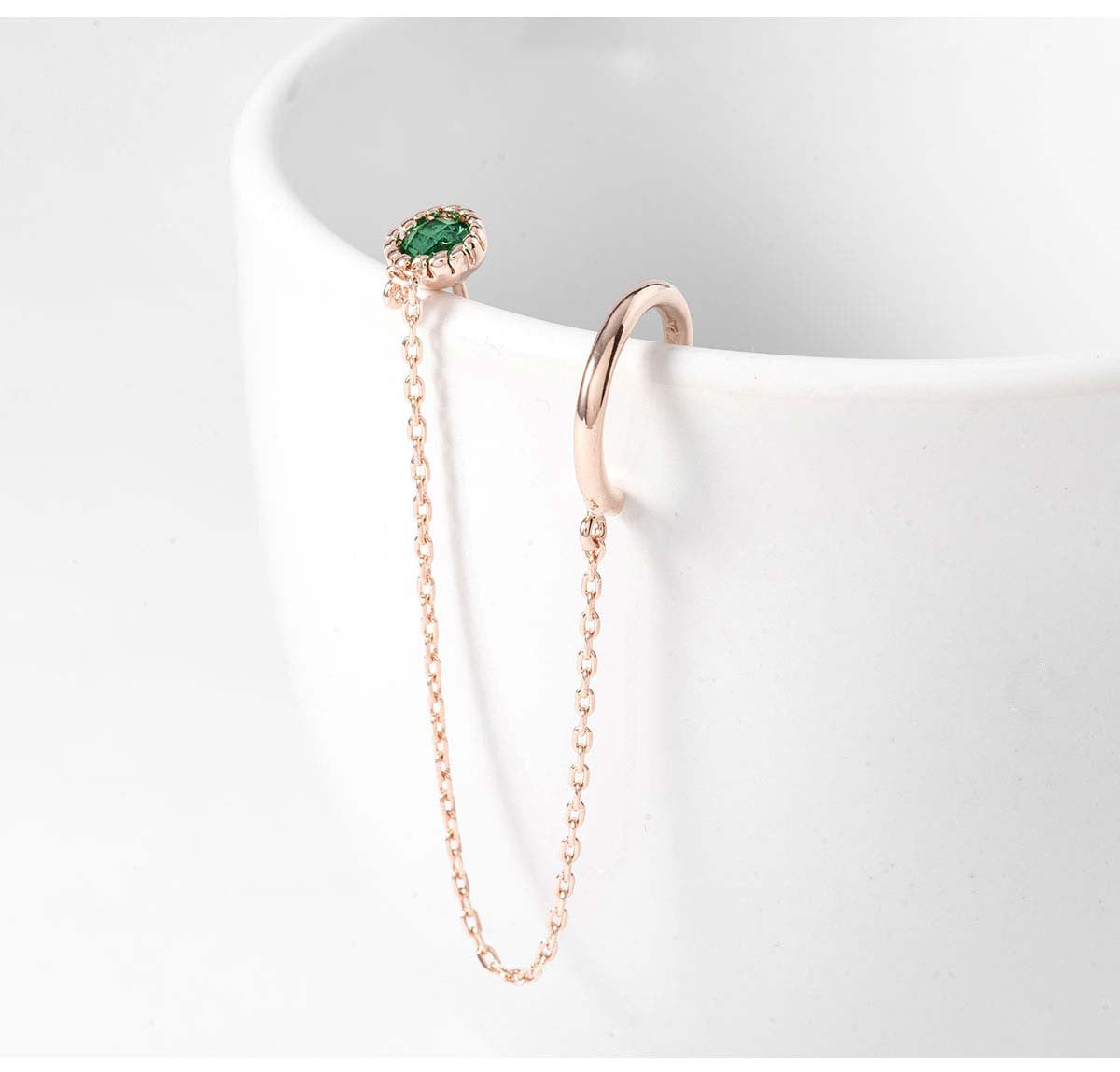 925 Sterling Silver Green Cubic Zirconia Connected Ear Cuff - Elegant Boho Chic Jewelry for Women, Perfect for Parties, Weddings & Everyday Wear