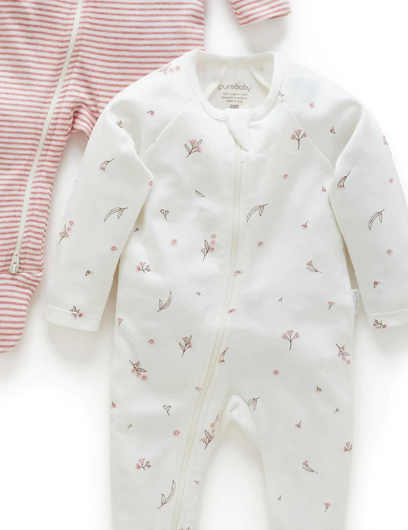Purebaby Organic Cotton Zip Growsuit 2 Pack - Vanilla Blossom | Soft Baby Sleepwear for Newborns & Infants | Perfect for Nursery, Daycare & Playtime