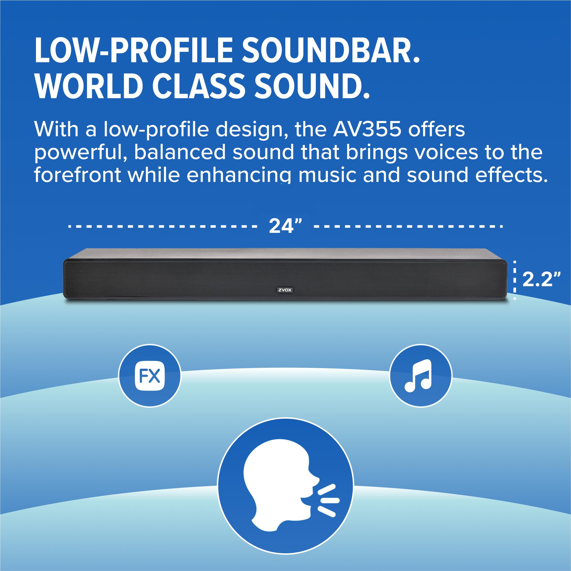 ZVOX Dialogue Clarifying Sound Bar with Patented Hearing Technology - 12 Levels of Voice Boost, AccuVoice, Ultra Low-Profile Design for Home Theater & Smart TV - AV355 Black - Ideal for Living Room, Bedroom, and Office