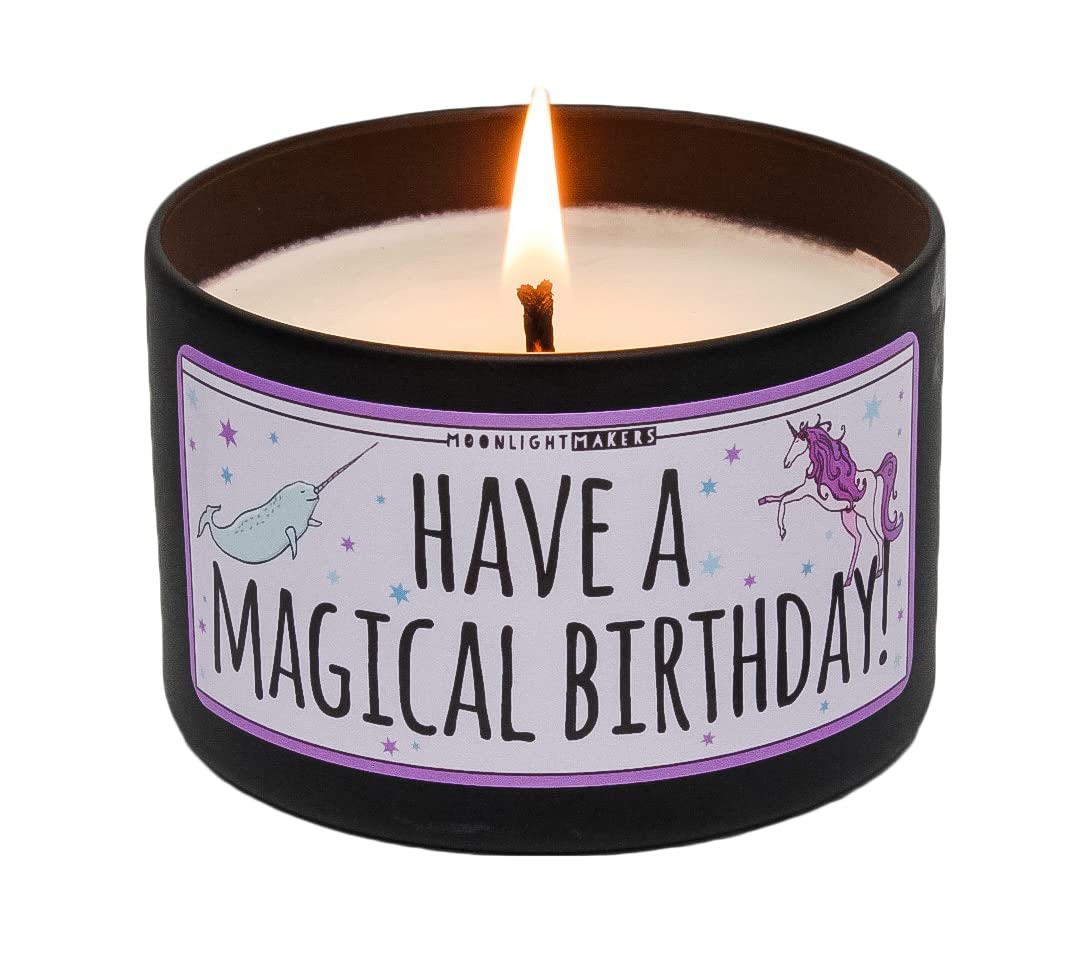 Moonlight Makers Magical Birthday Candle - Sea Salt & Orchid Scented Handmade Soy Wax Candle | 8oz Tin, 25+ Hour Burn Time | Perfect for Birthday Celebrations, Home Decor & Relaxation Gifts