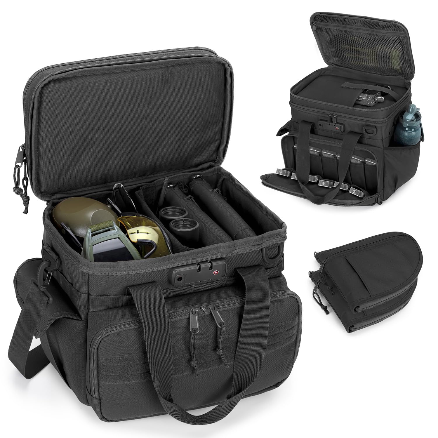 Tactical Gun Range Bag with 3 Pistol Capacity & TSA Lock - Duffle Bag with 2 Pistol Cases & 12 Magazine Slots - Multi-Pocket Shooting Gear Organizer for Hunting, Range Training & Airsoft - Durable Black Range Bag for Firearm Storage & Transport