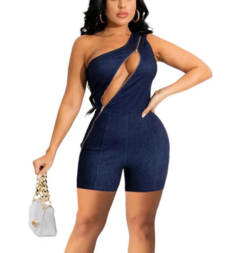 Sexy Women's Denim Jumpsuit - One Shoulder Sleeveless Romper with Cutout Design & Bodycon Fit | Clubwear, Night Out, Party Outfit, Summer Fashion