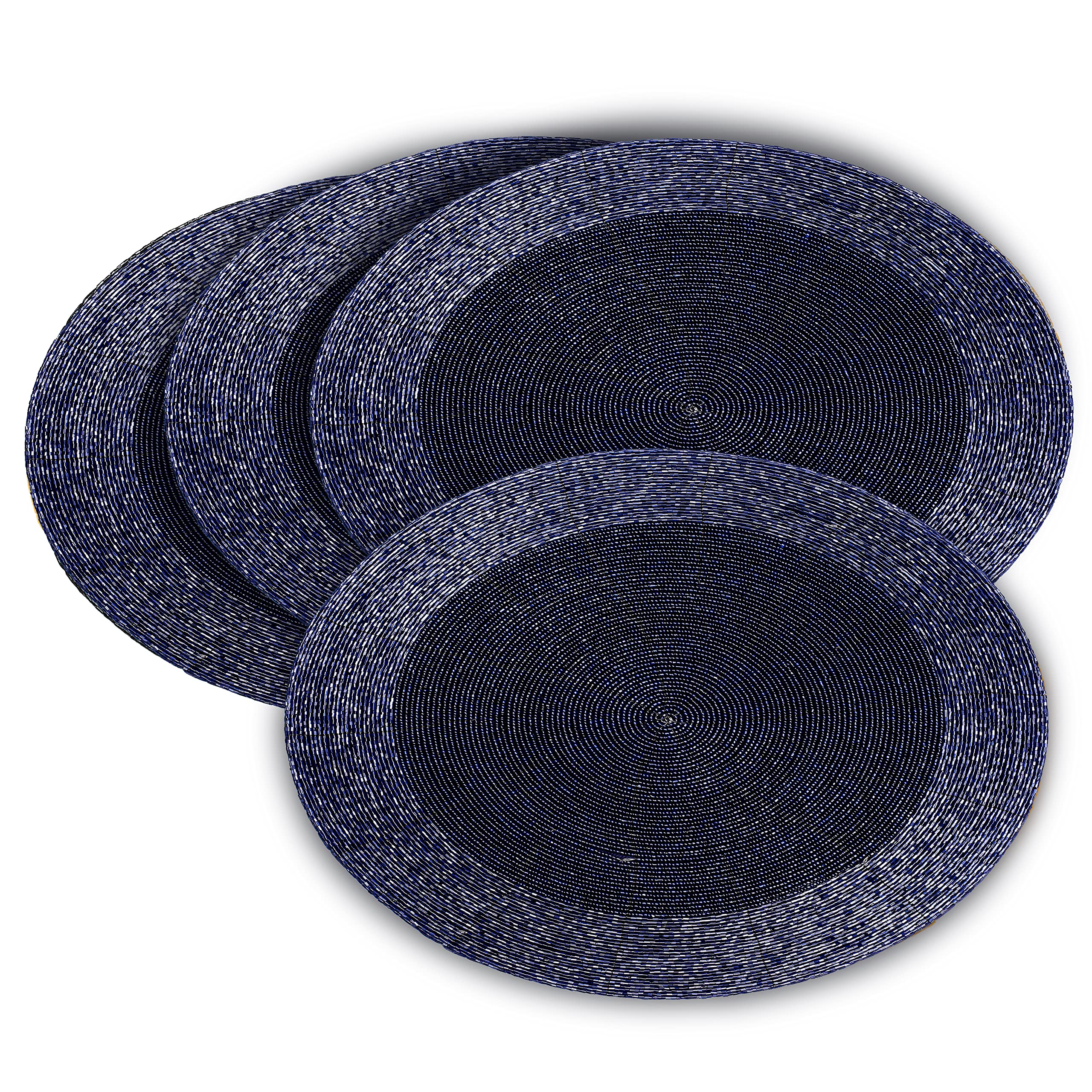 Lightnpro Farmhouse Beaded Placemats Set of 4 - Round Handwoven Table Chargers - 13 Inch Navy Blue Decorative Placemats for Dining Table & Special Occasions - Perfect for Farmhouse, Rustic, or Coastal Home Decor - Ideal for Dinner Parties, Weddings, and Holiday Gatherings