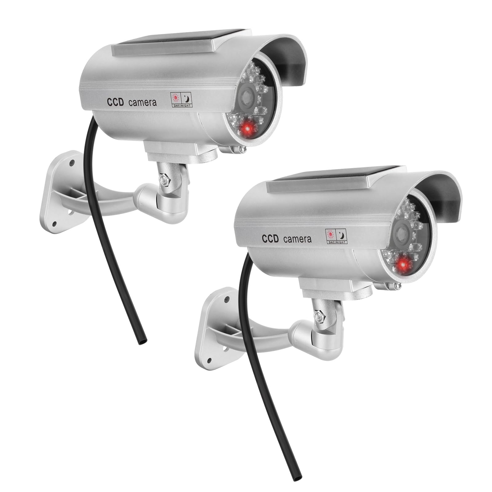 2 Pack Fake Security Camera with Flashing LED & Warning Stickers - Waterproof Dummy CCTV for Indoor/Outdoor Use - Deter Burglars for Home, Garage, Office & Retail Stores (Silver)