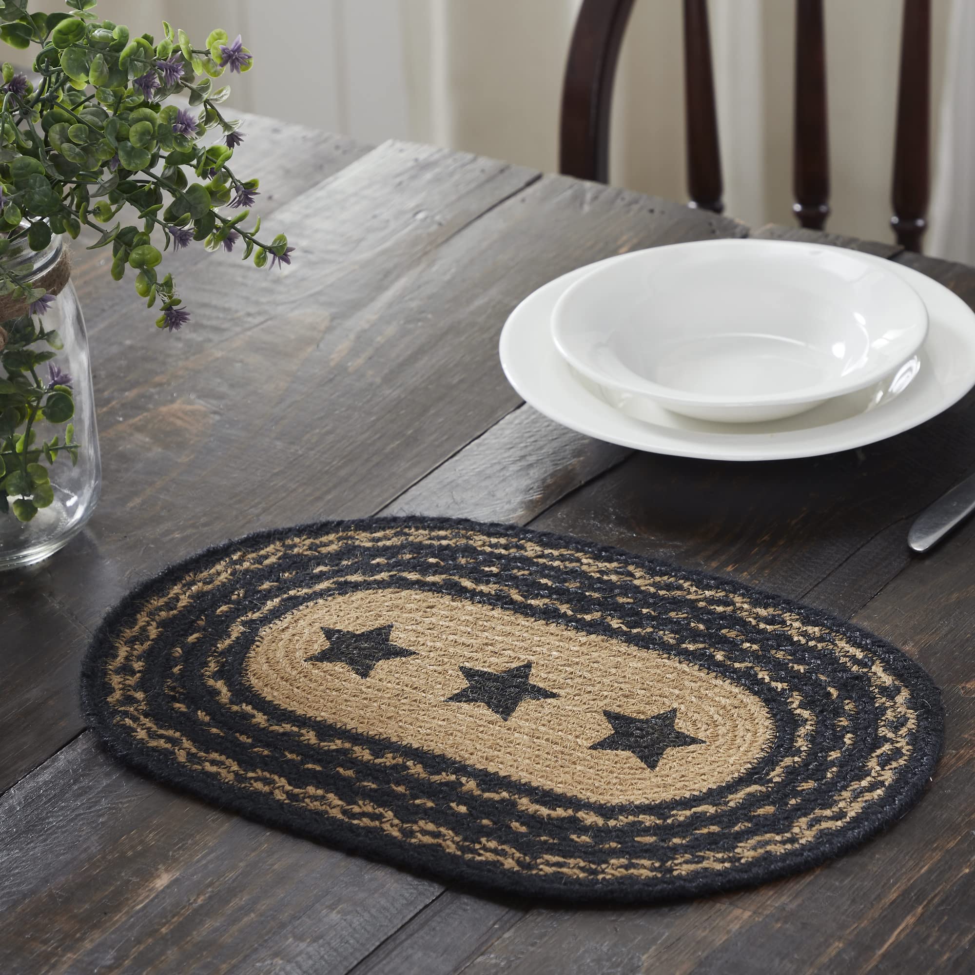 VHC Brands Farmhouse Star Braided Jute Placemat Set - Oval Dining Table Mats (10x16 Inches, Black & Tan) - Rustic Home Decor for Kitchen, Dining Room & Holiday Tablescapes