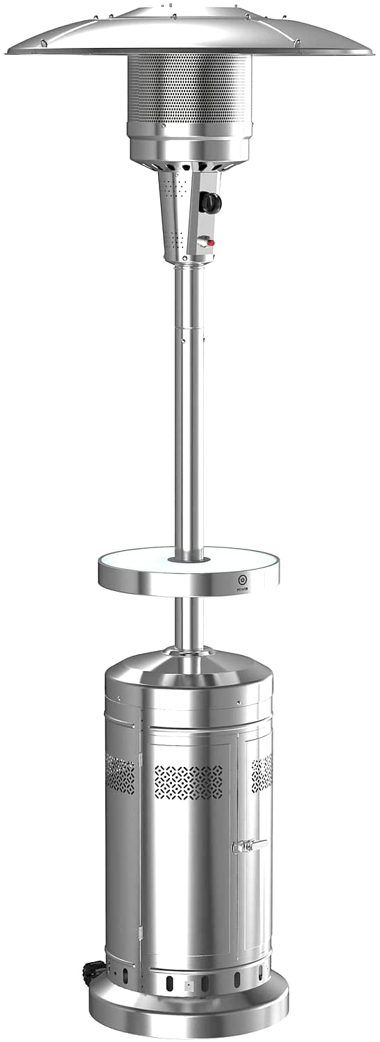Members Mark 47,000 BTU Stainless Steel Propane Patio Heater with LED Table & Wheels - Outdoor Heating for Backyard, Deck, and Garden Parties