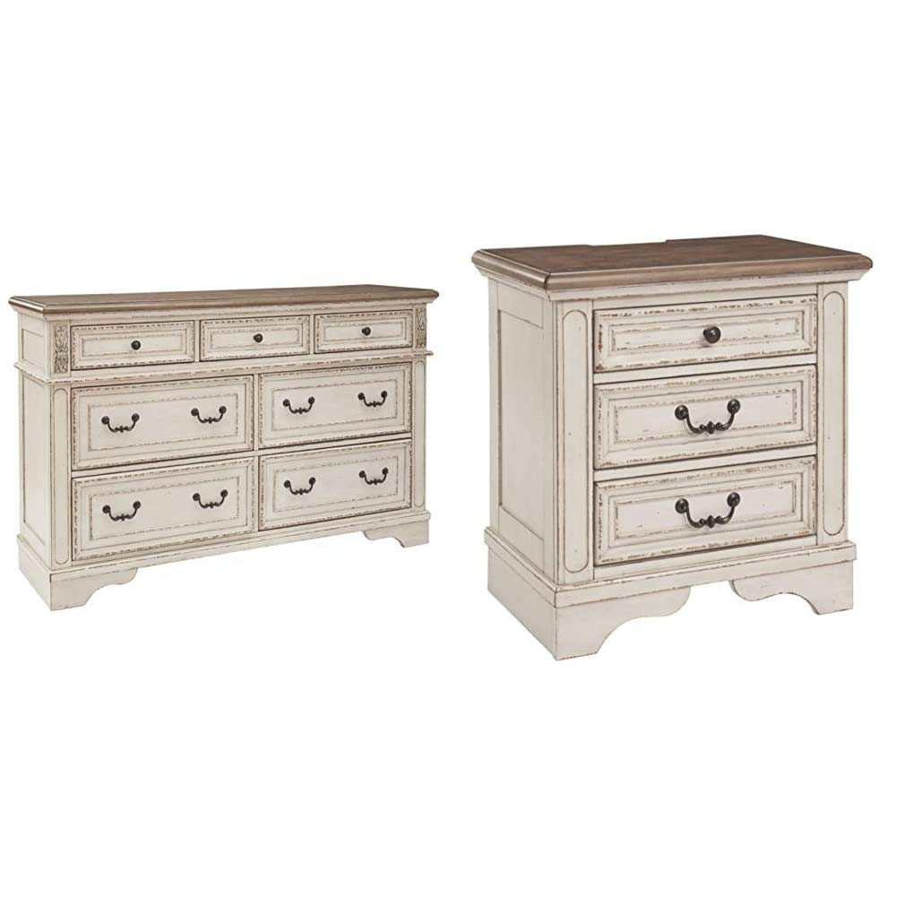 Signature Design by Ashley Realyn French Country 7-Drawer Dresser & 3-Drawer Nightstand Set in Chipped White - Two-Tone Finish with Built-in Electrical Outlets & USB Ports - Perfect for Bedroom Storage and Modern Charging Needs