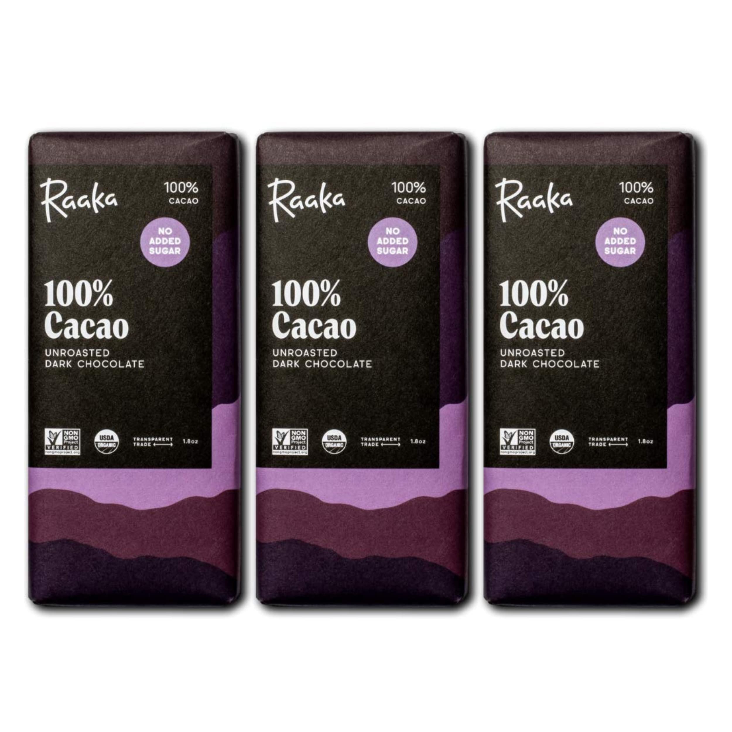 Organic Raaka 100% Dark Chocolate Bars - Unsweetened, Sugar Free, Pure Cacao, Vegan, Keto, Gluten Free, Soy Free, Kosher - 3-Pack (1.8oz Each) for Baking, Cooking & Healthy Snacking