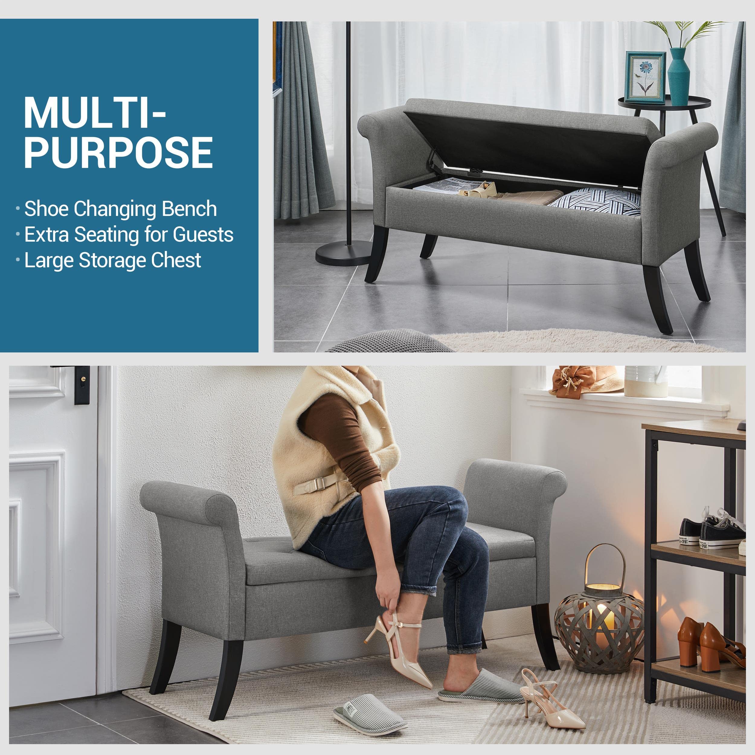 Topeakmart Modern Storage Bench with Rolled Arms - Entryway Ottoman Shoe Storage, Hallway Footrest Footstool with Lid - Light Gray Polyester Upholstered Seat for Living Room, Bedroom & Entryway Organization